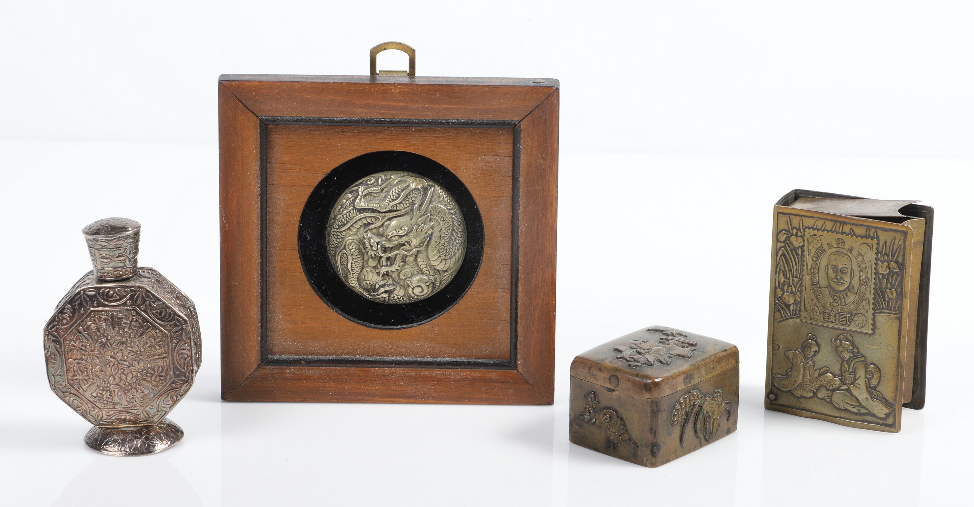 (4) Asian stamp boxes, medallion