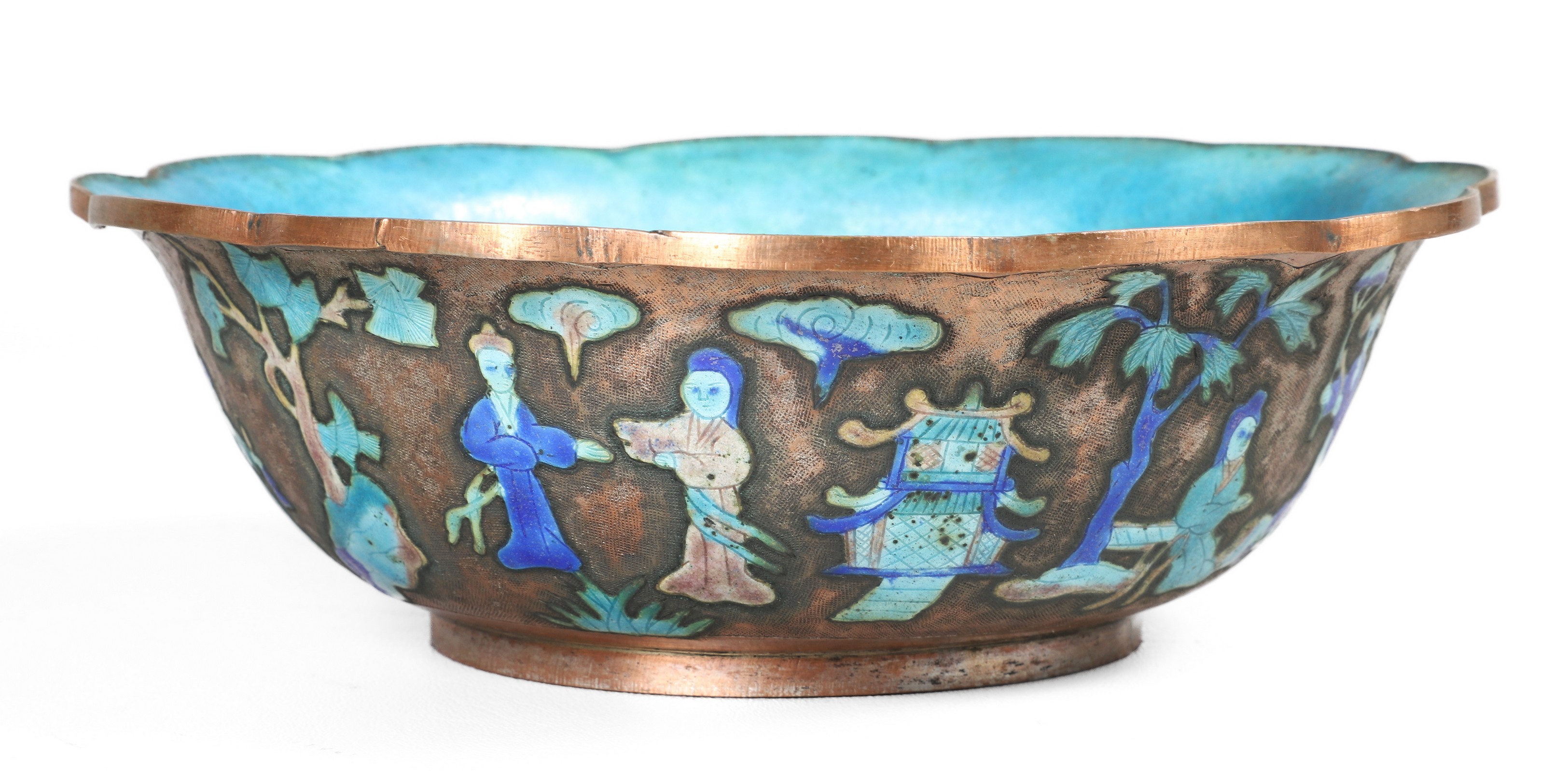 Chinese champleve bowl, figural decoration,