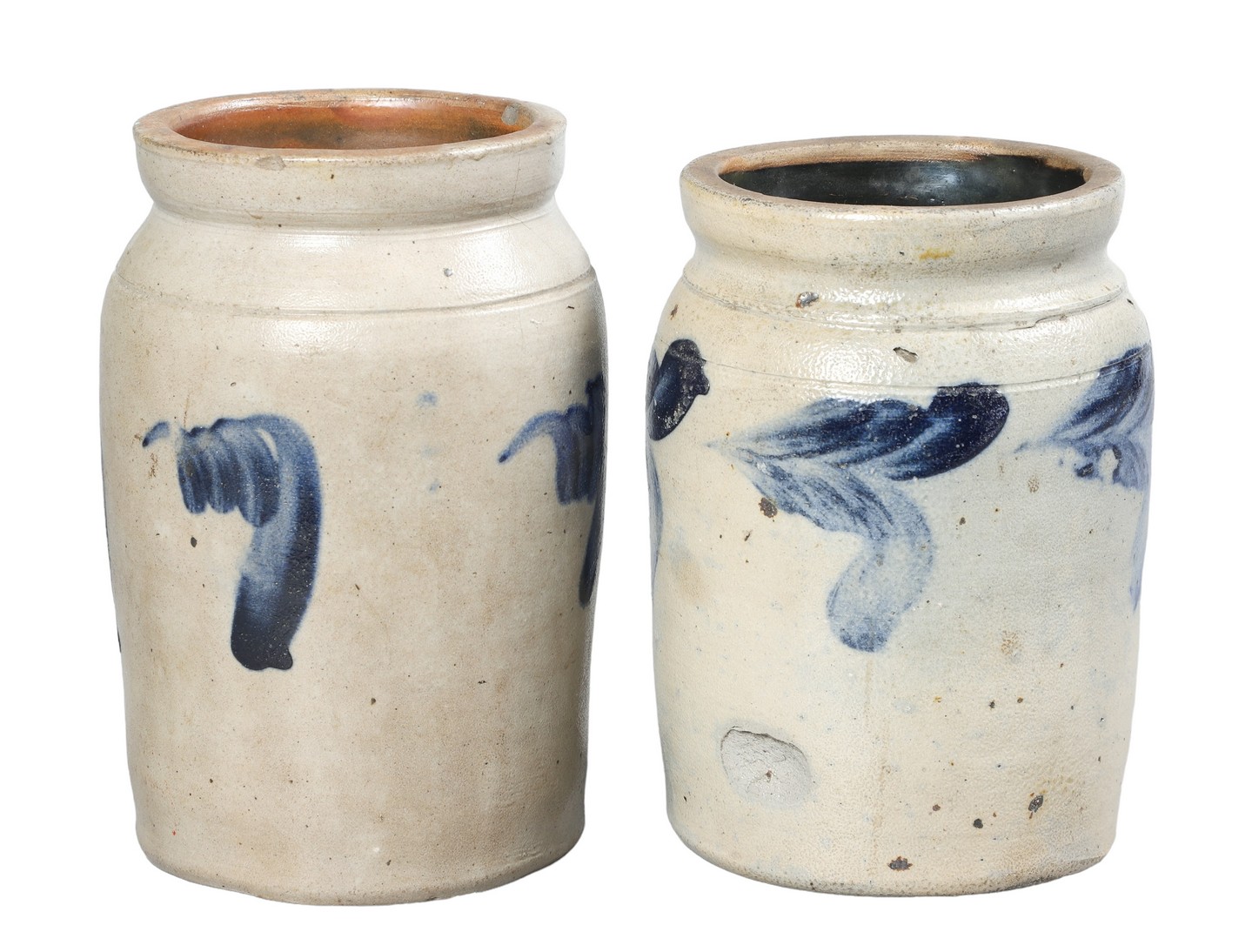 (2) Blue decorated stoneware fruit jars,