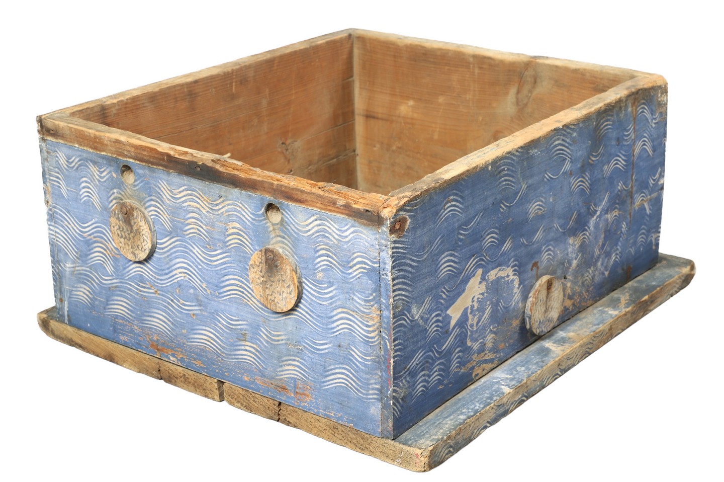 Wood bee box, remnants of sgraffito