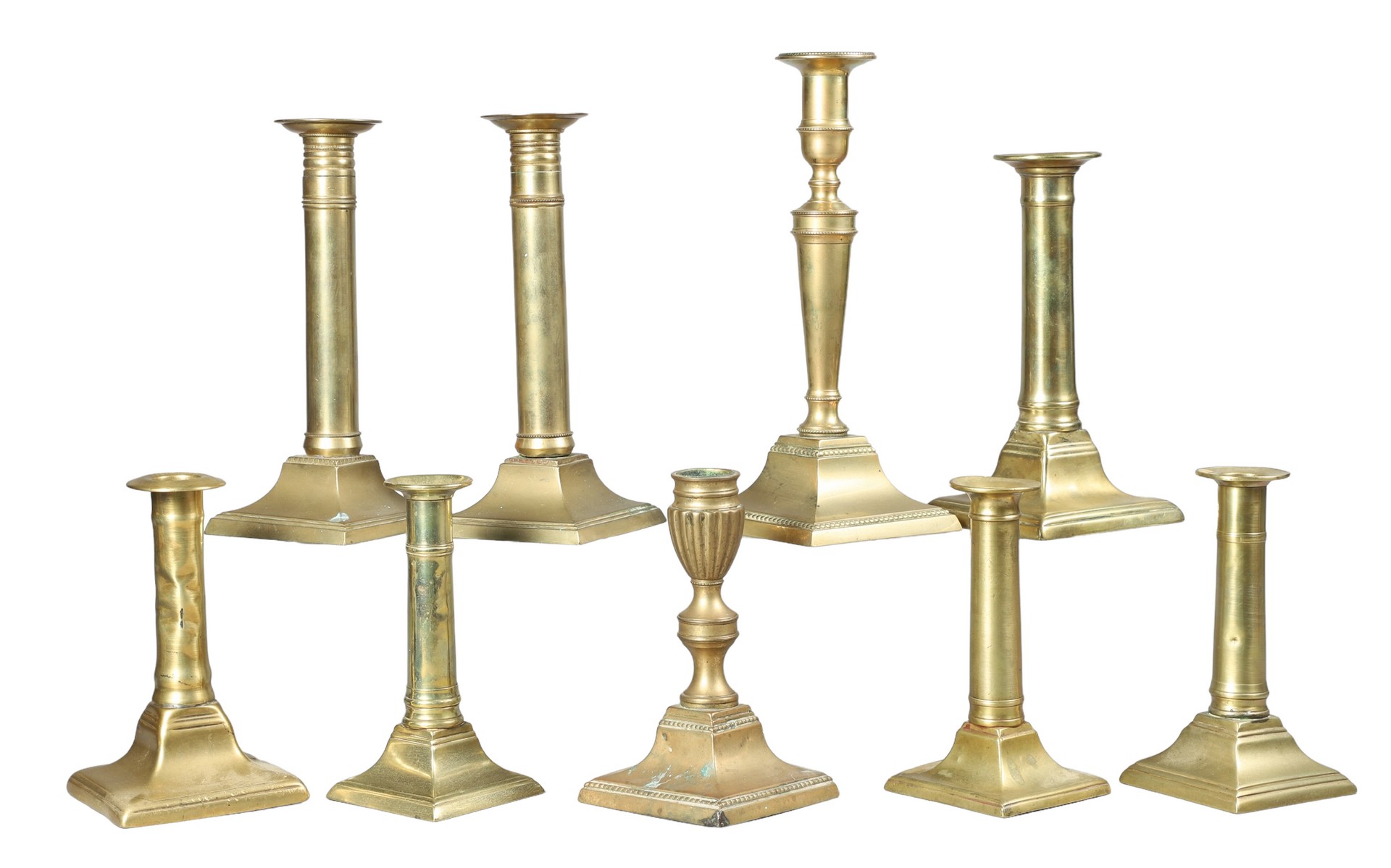 (9) 19th C brass candlesticks,