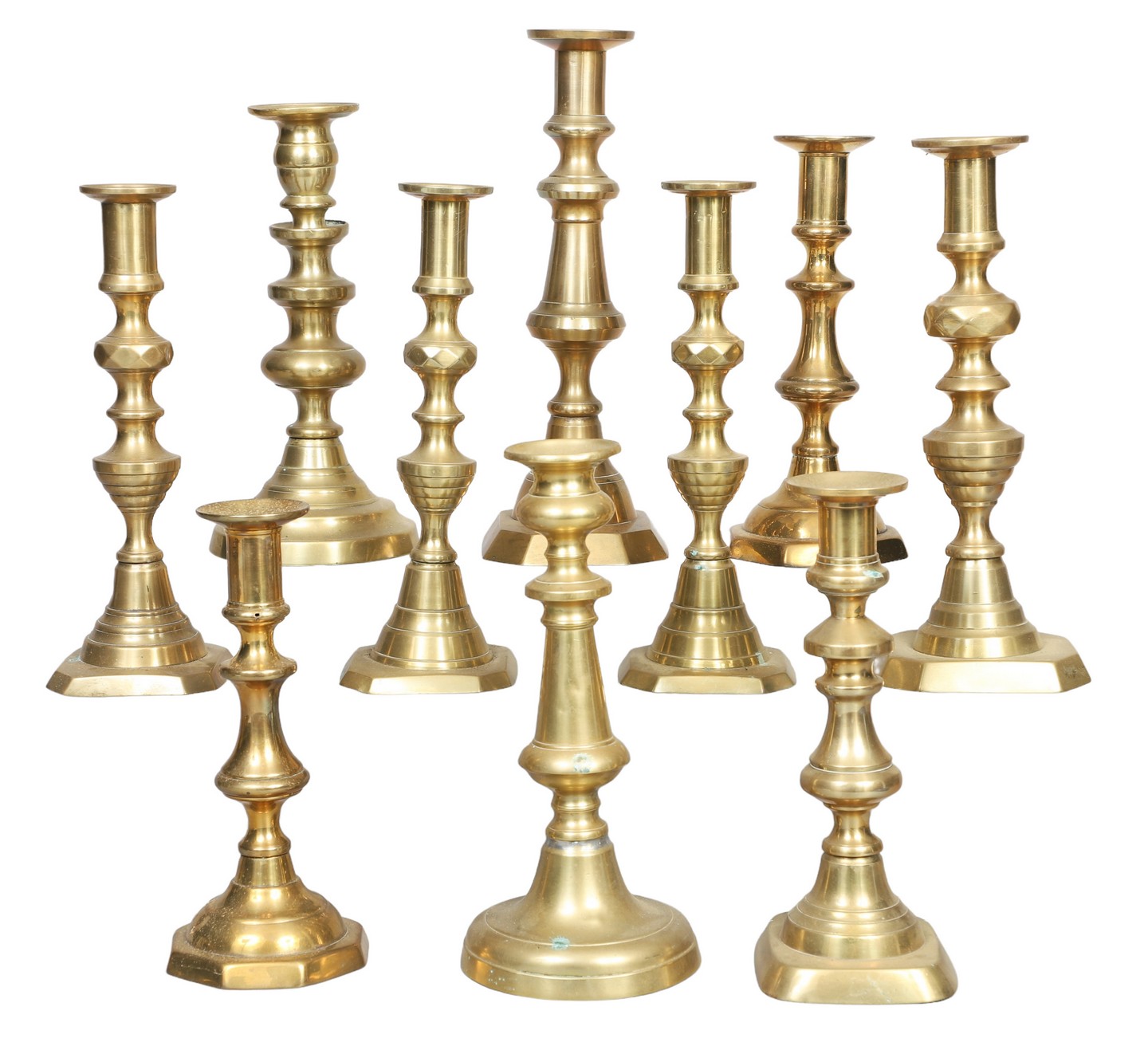 (10) 19th C brass candlesticks,