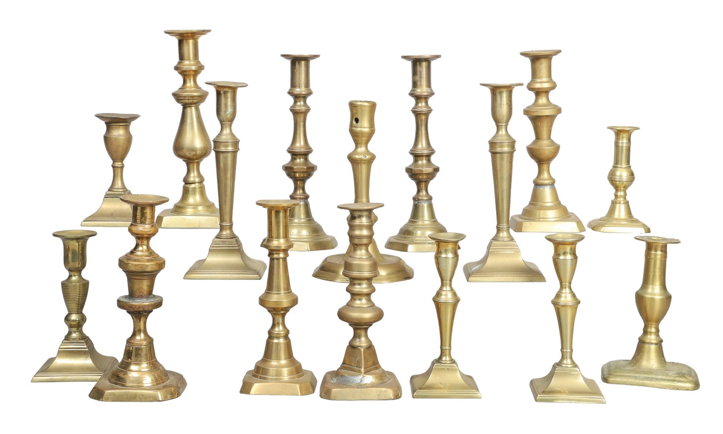 (16) 18th and 19th c brass candlesticks,