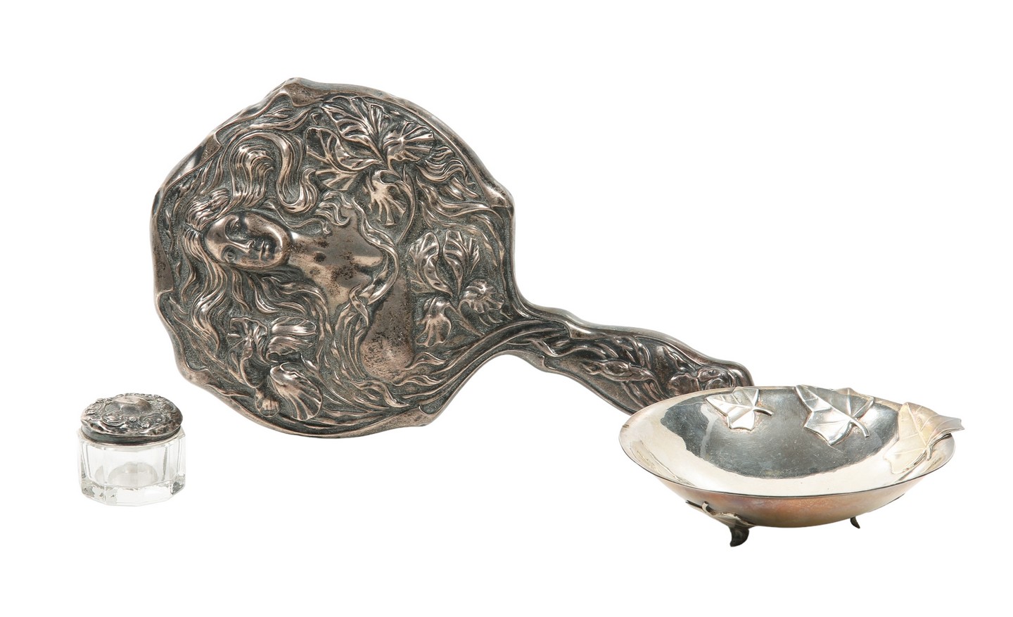 Sterling repousse hand mirror,