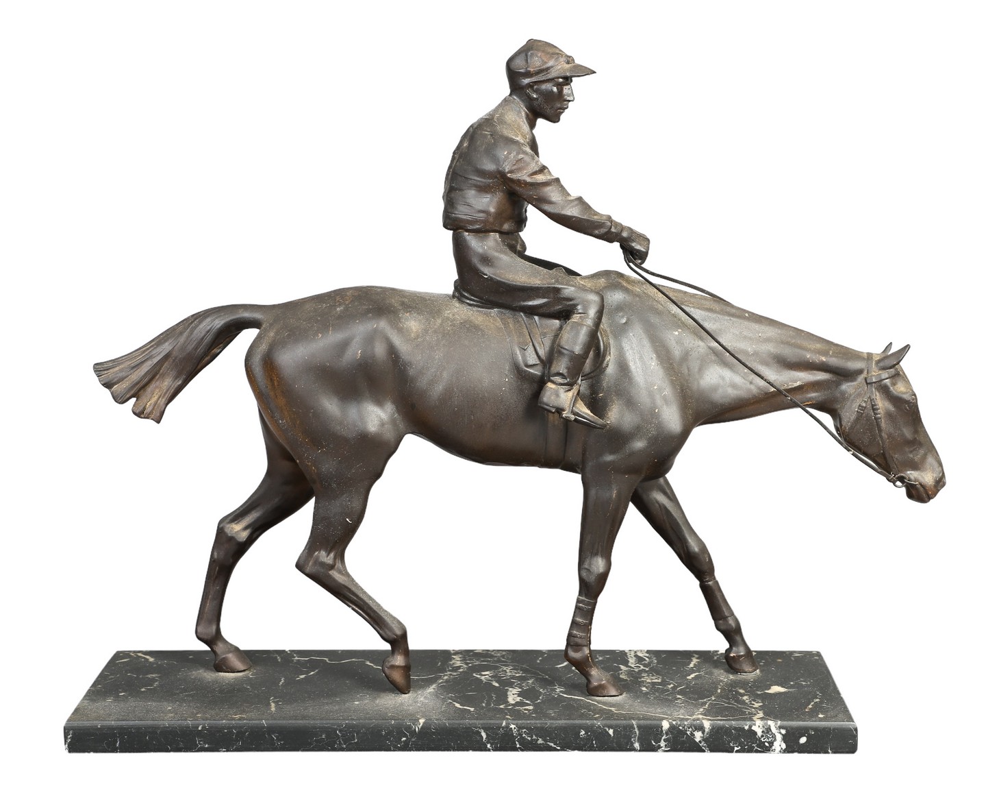 Patinated white metal horse and jockey,