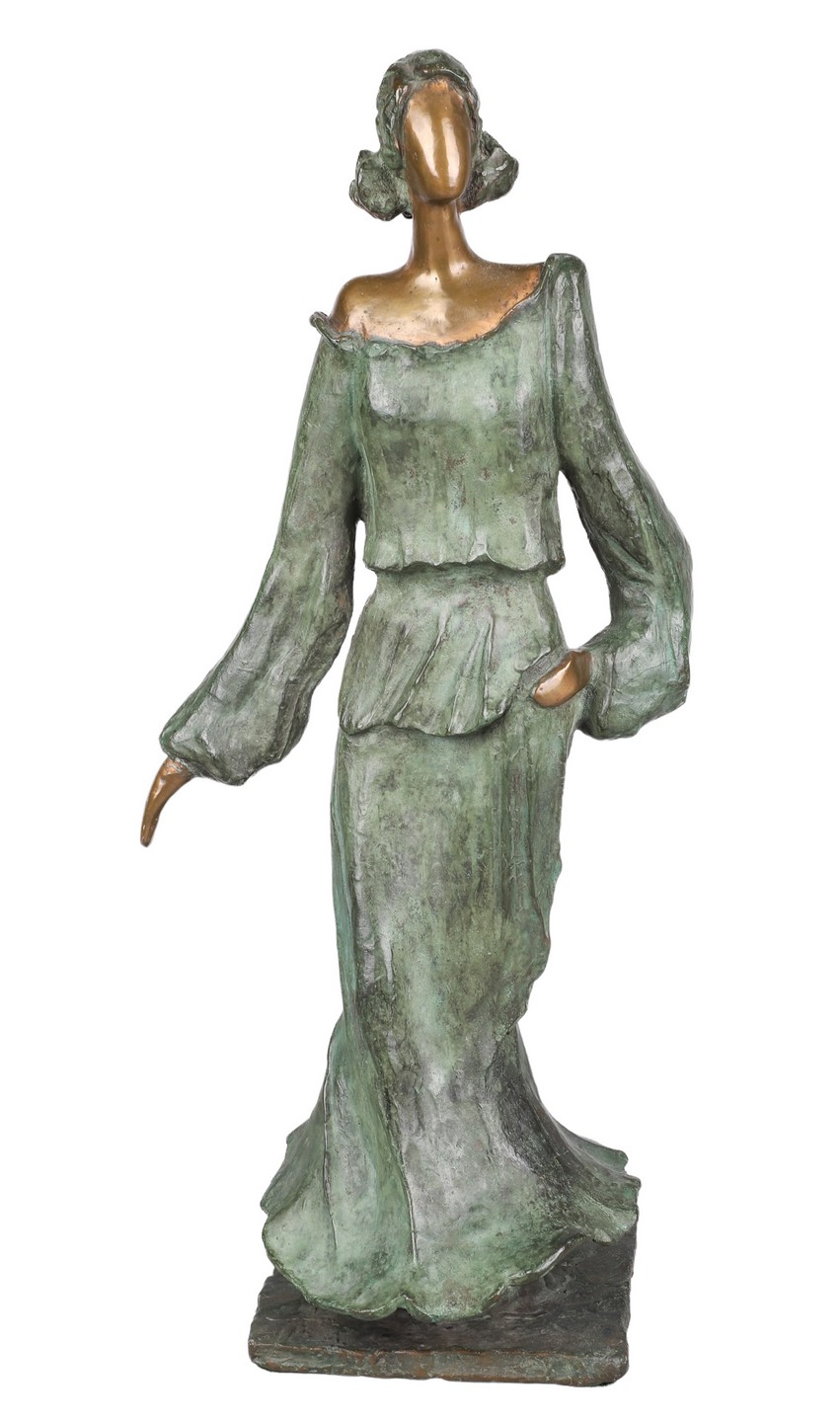 Contemporary bronze of a woman, in flared