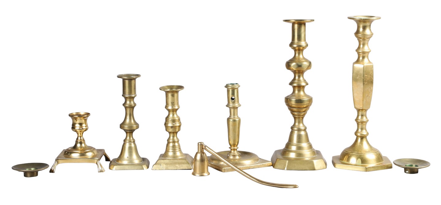 (6) Assorted brass candlesticks, including