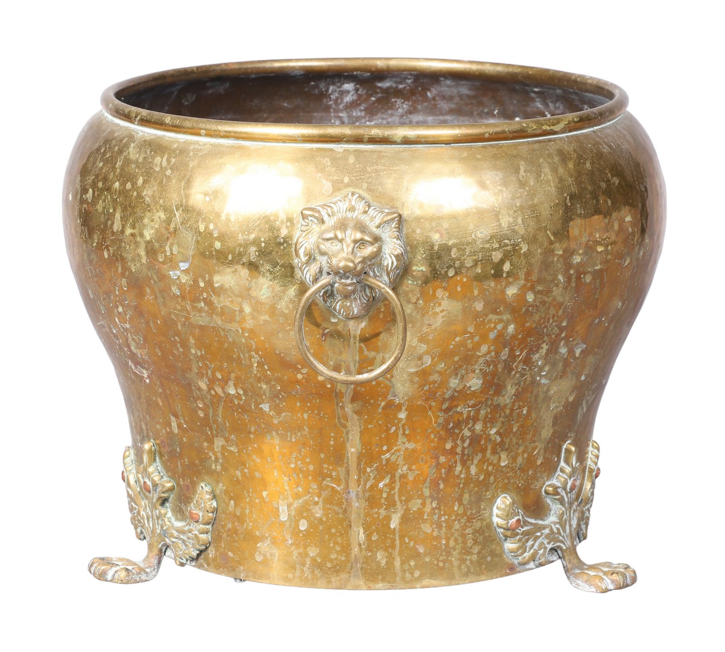 Hammered brass cache pot, lion head