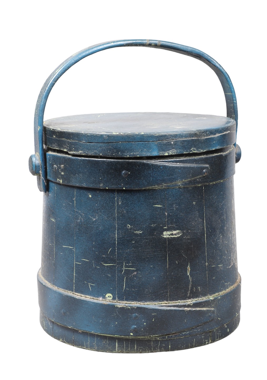 Blue painted wood firkin with lid,