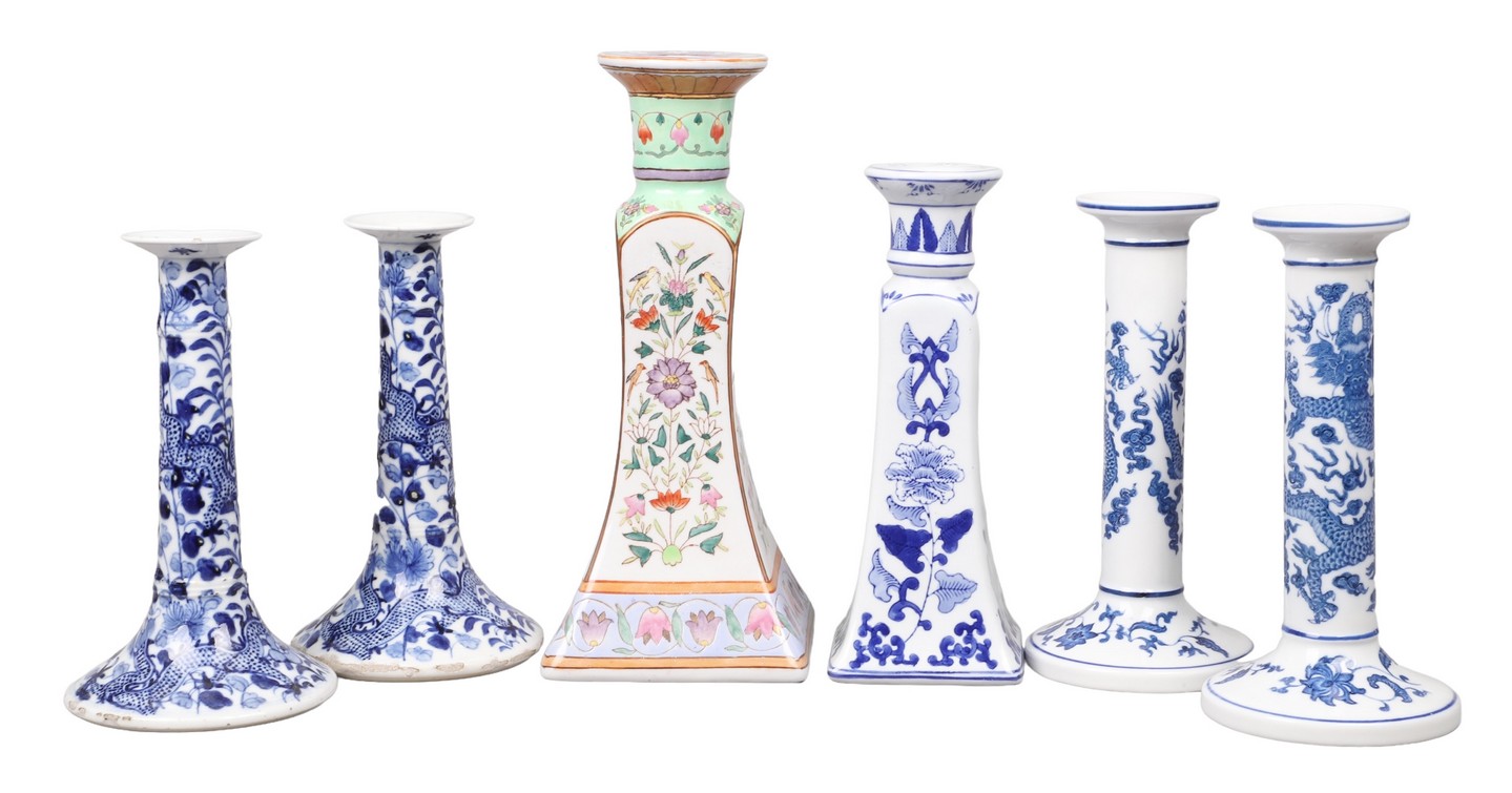 (6) Asian porcelain candlesticks,