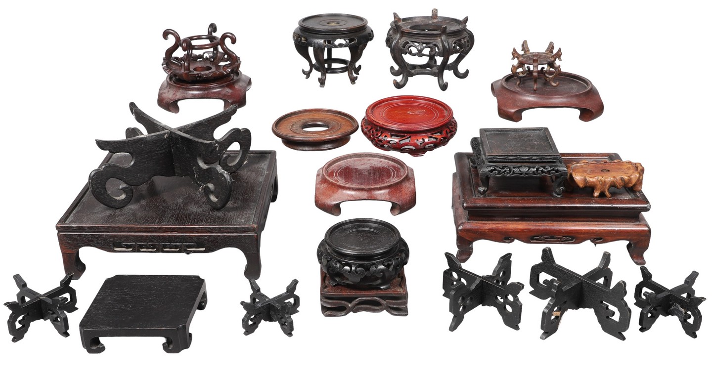 (20+) Carved wood stands, mostly Chinese,