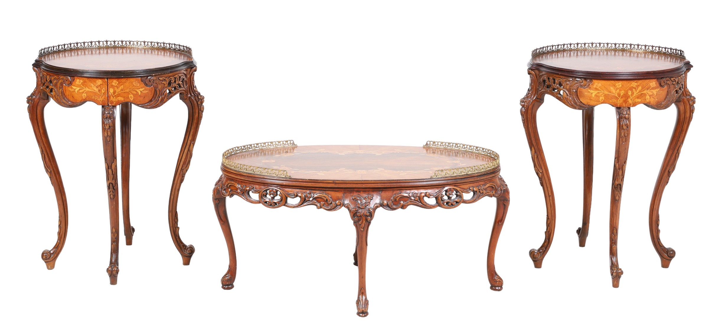  3 pc Louis XV style inlaid table 2e0b29