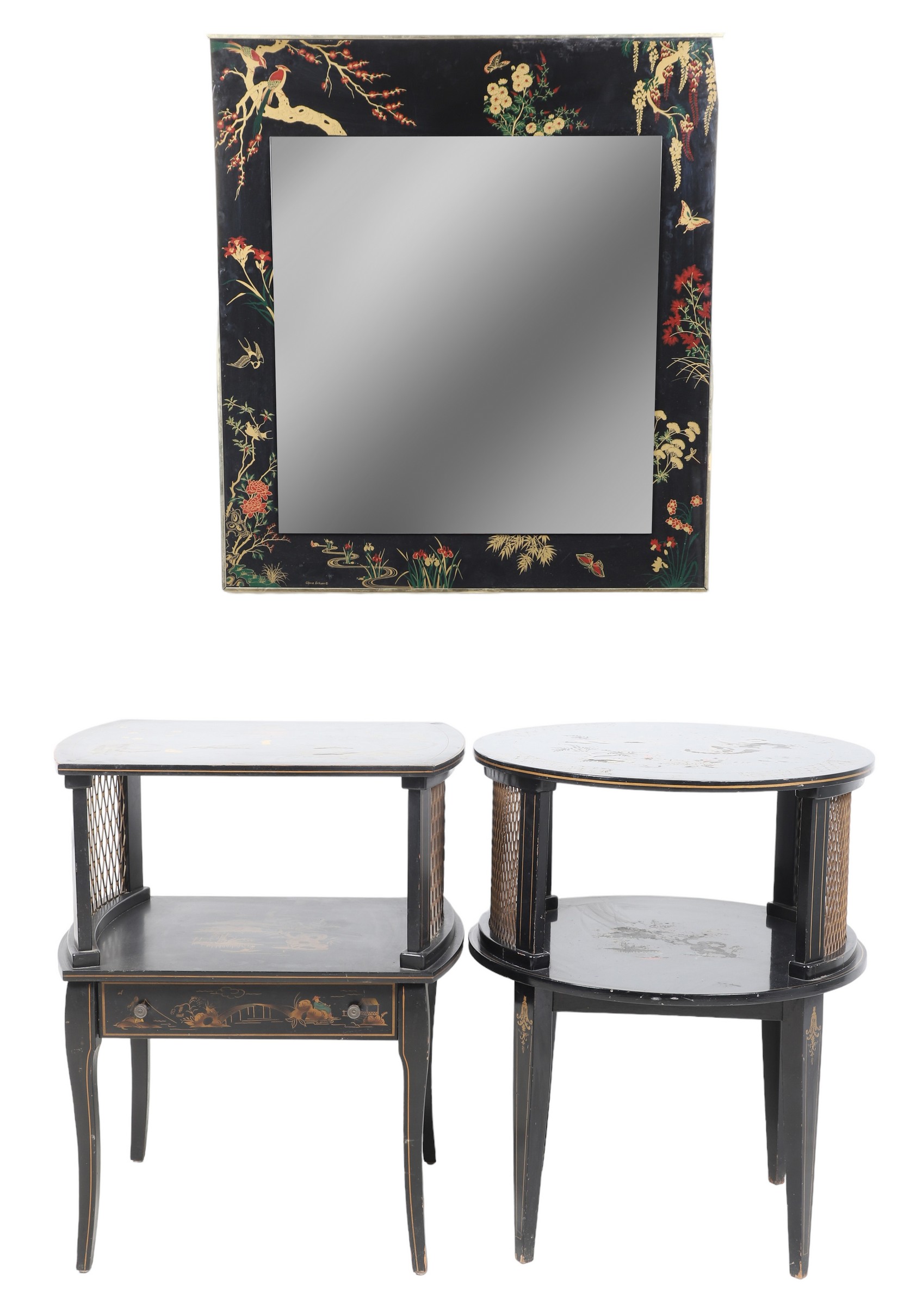 (3) Chinoiserie decorated tables/mirror,