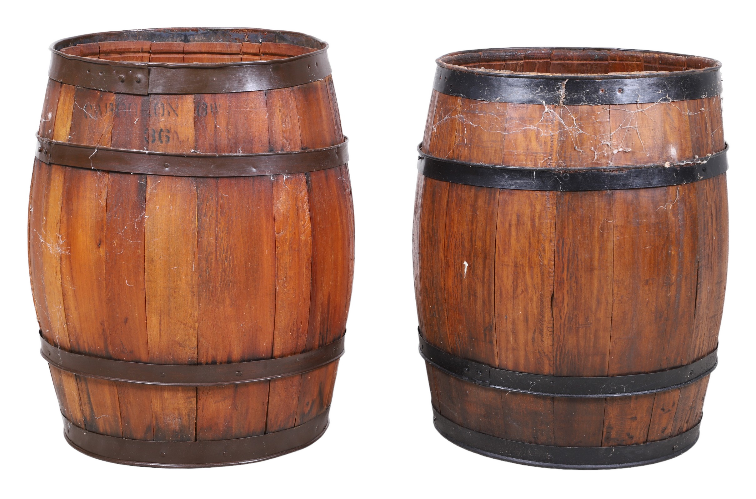 (2) oak barrels, iron banded, 24"h