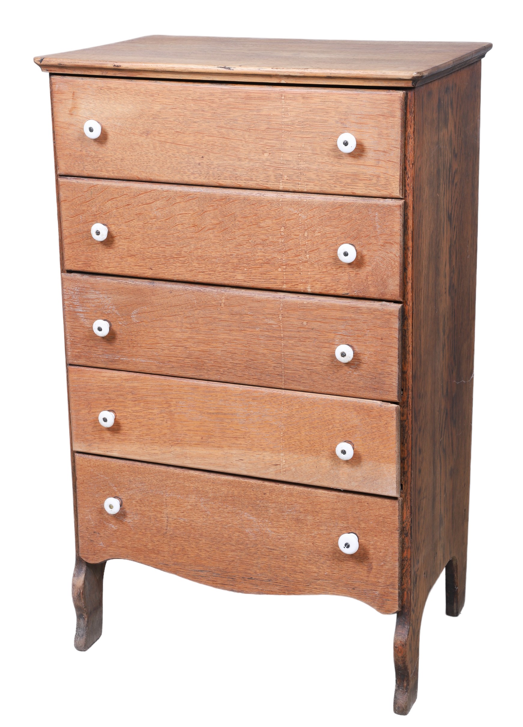 Oak 5 drawer chest, white enameled knobs,