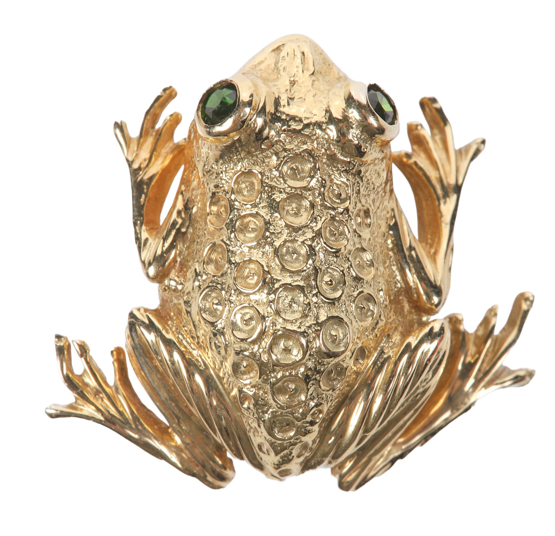 18K yellow gold frog brooch, green colored