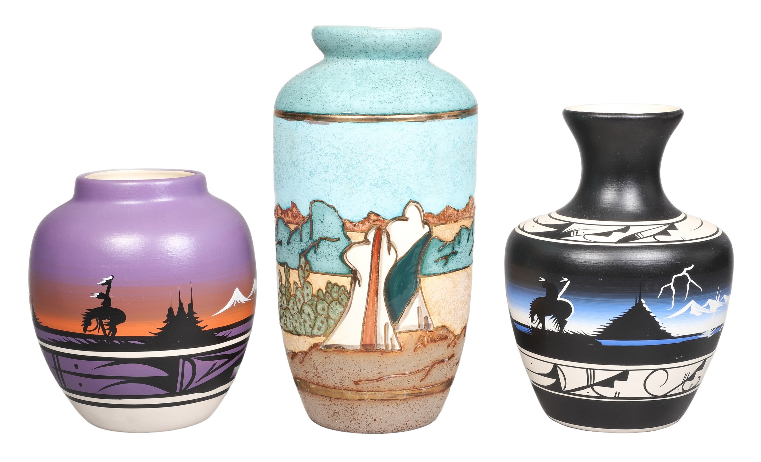 Three hand painted ceramic vases