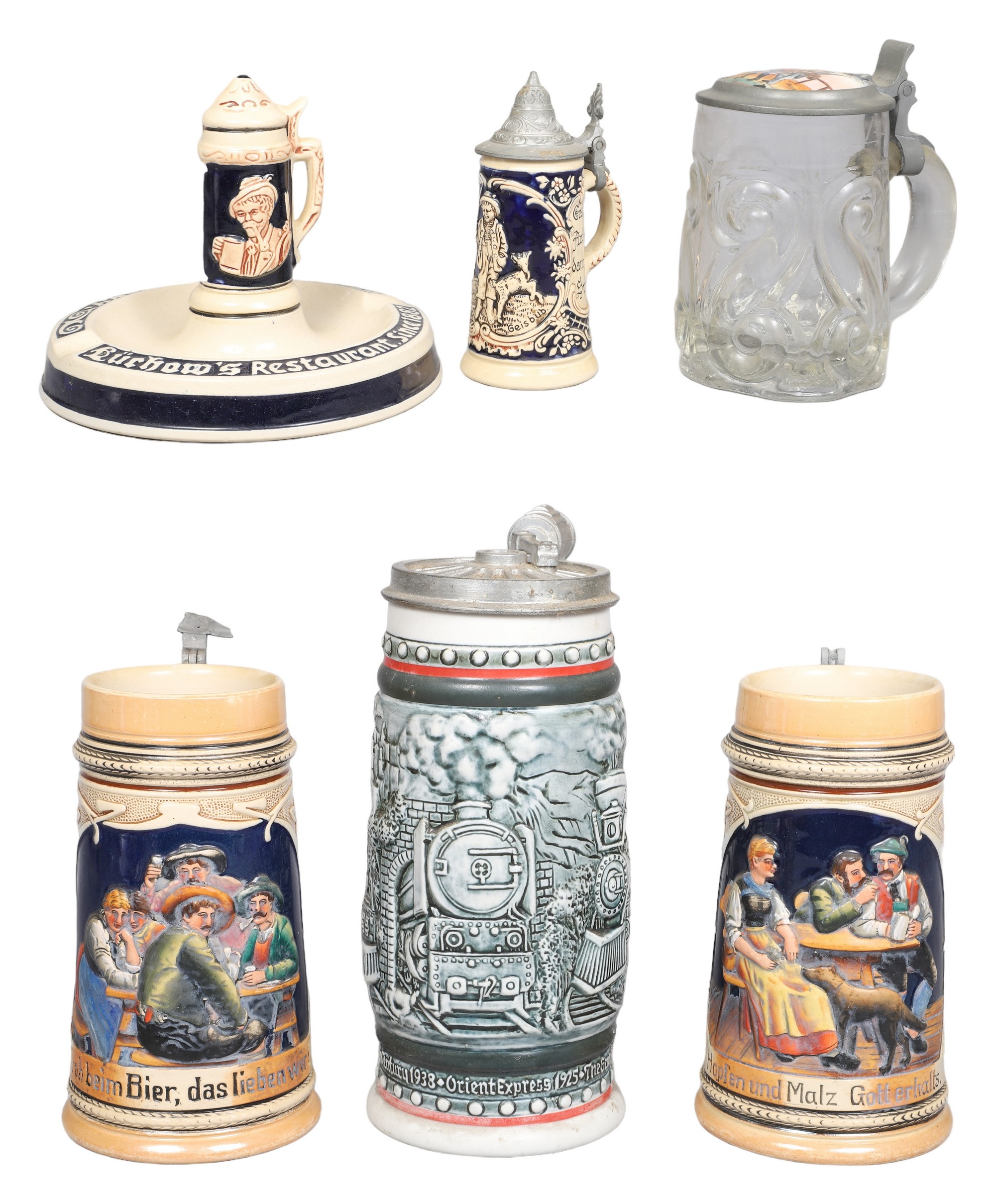 (5) Beer steins & ashtray, c/o glass