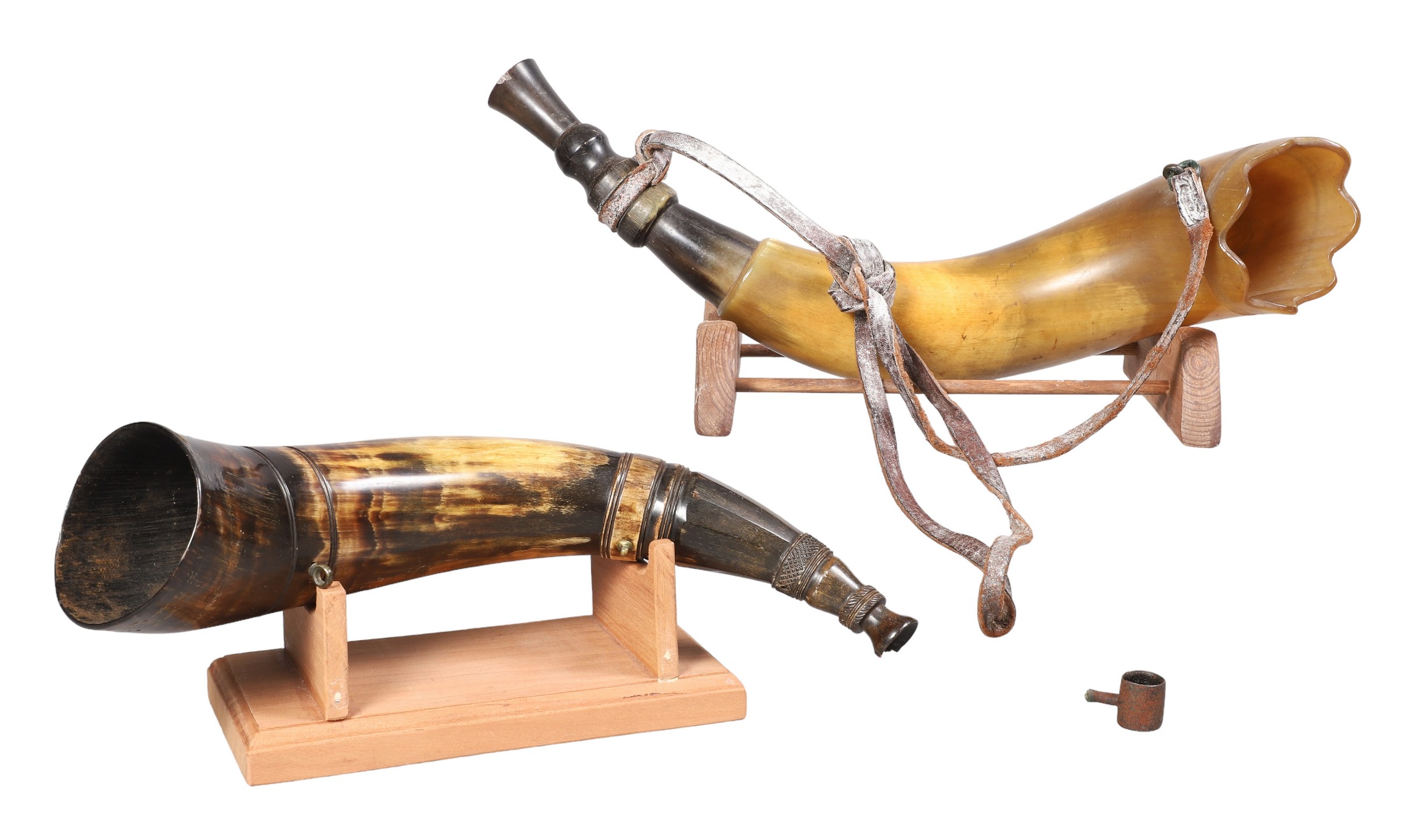 Two horn fox hunting horns with carved