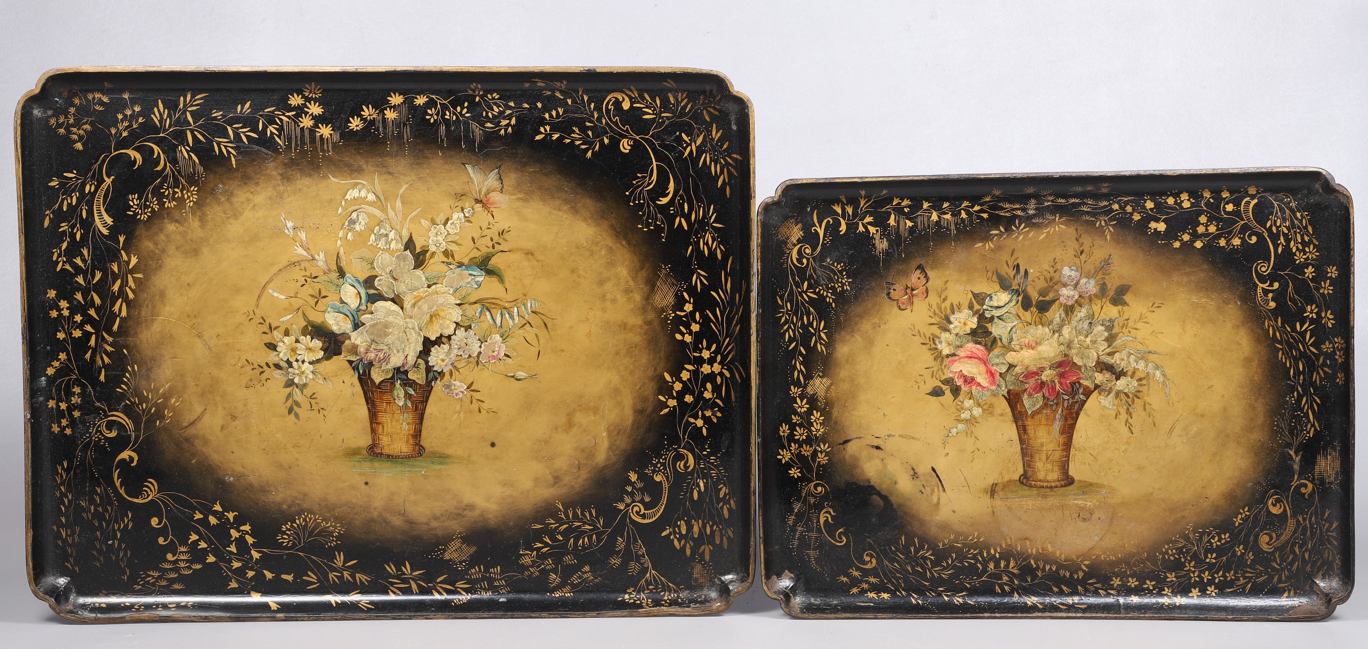  2 Papier mache gilt painted trays  2e0cbc