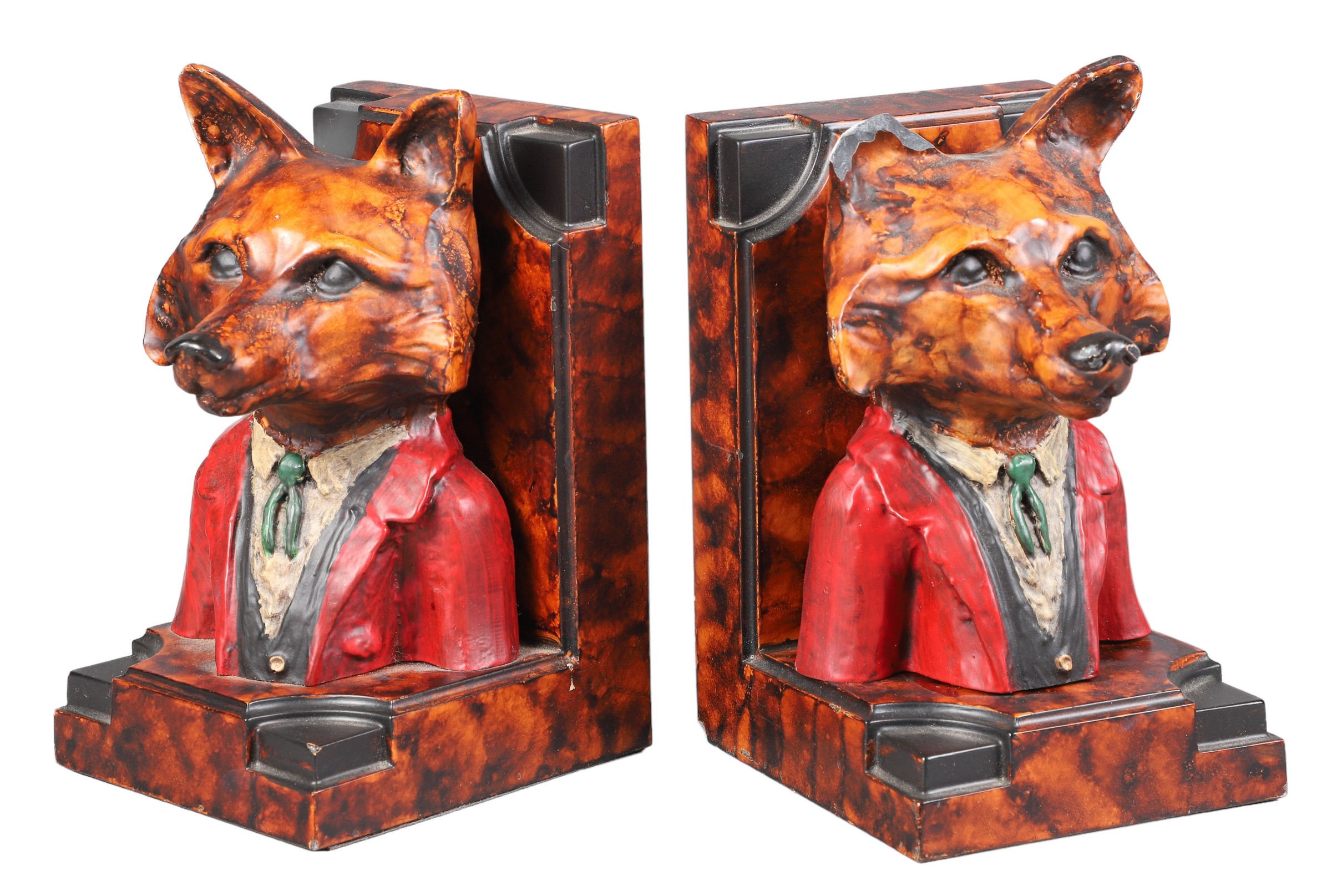 Pair of resin fox bust in red hunting