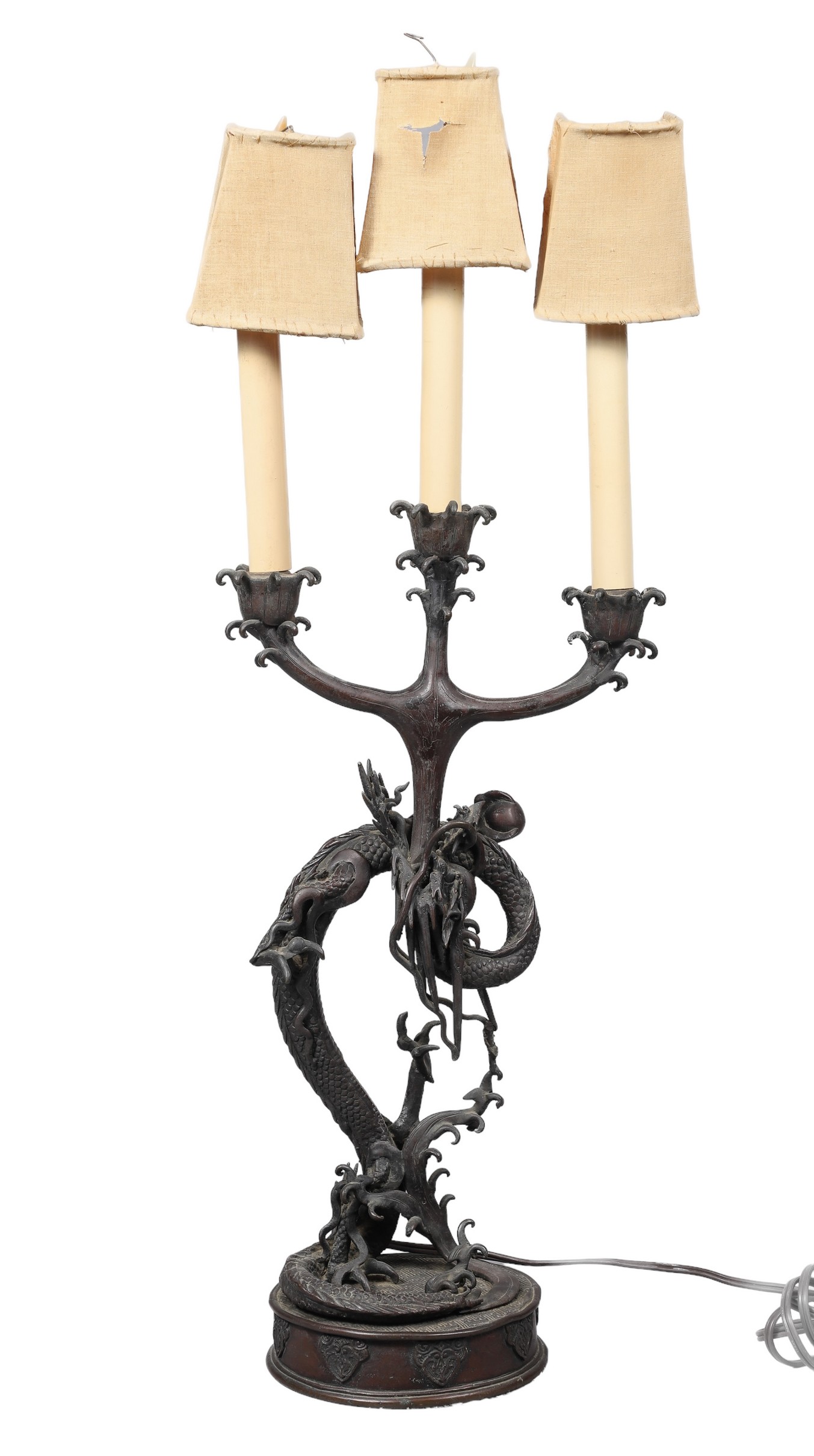 19th C Japanese bronze dragon candelabra,