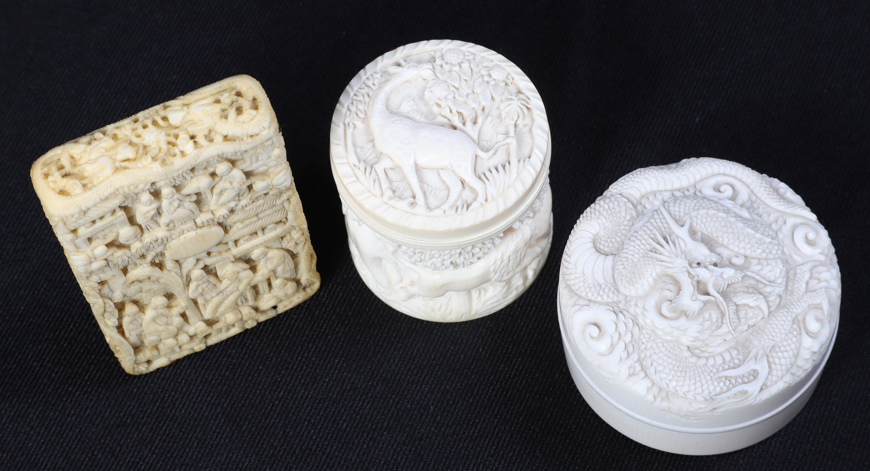 (3) Ivory carved trinkets, card