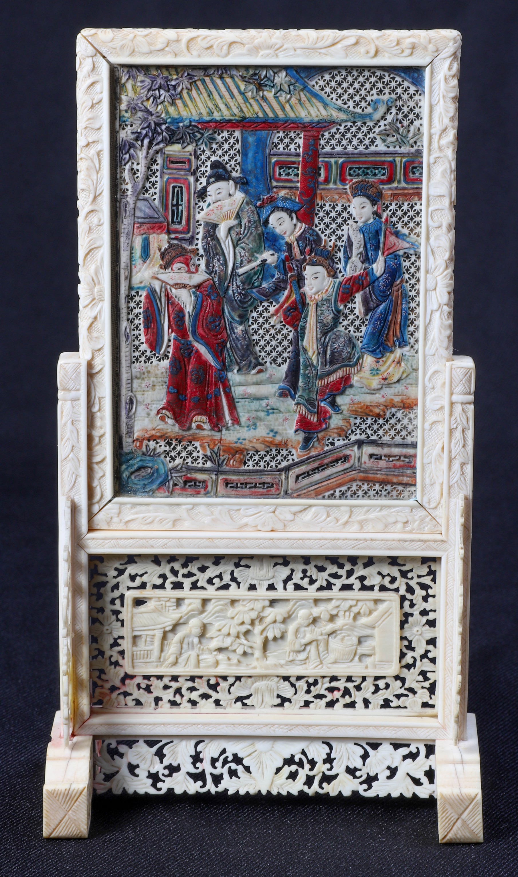 Painting on ivory in pierced ivory stand,