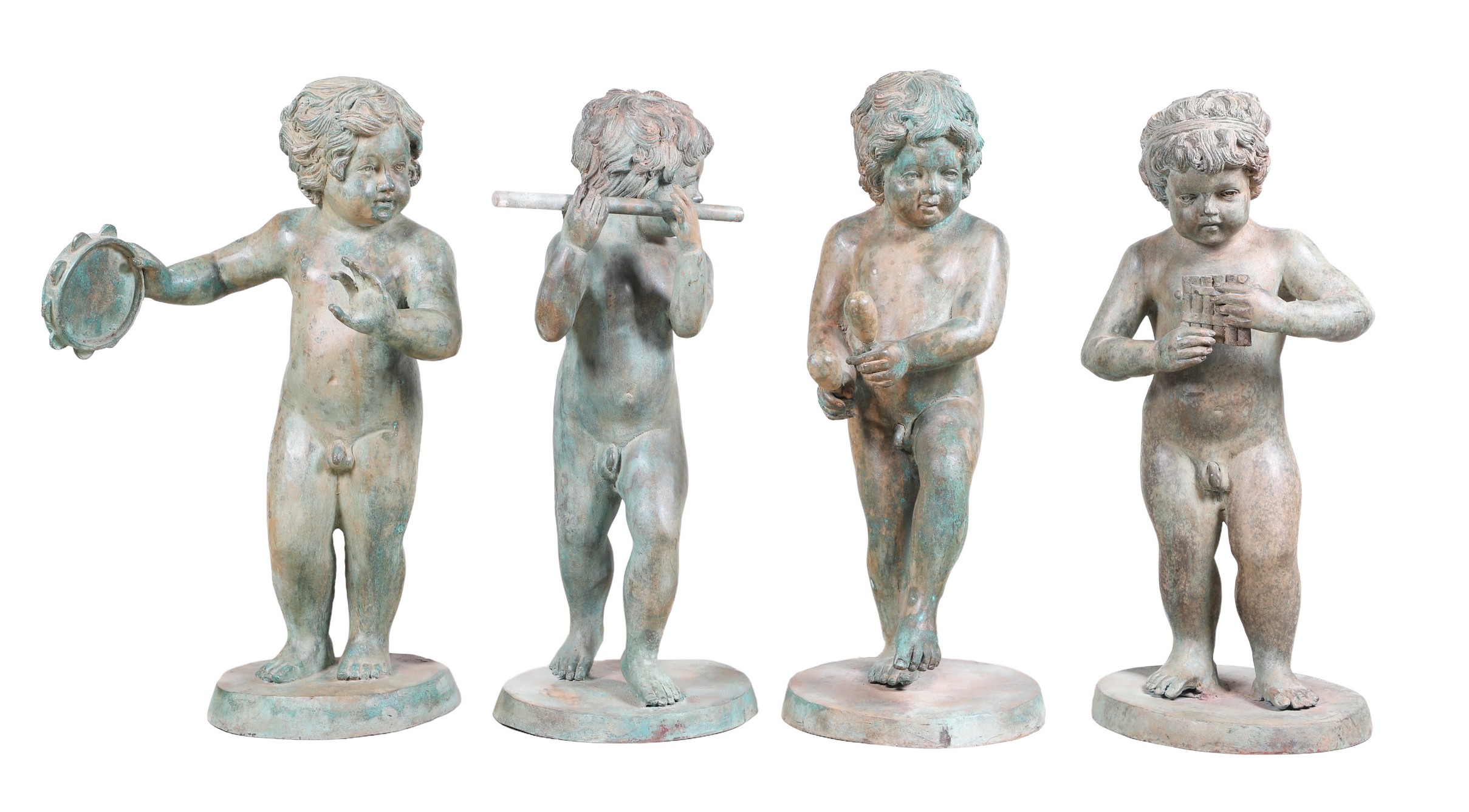 (4) Bronze putti garden statues playing