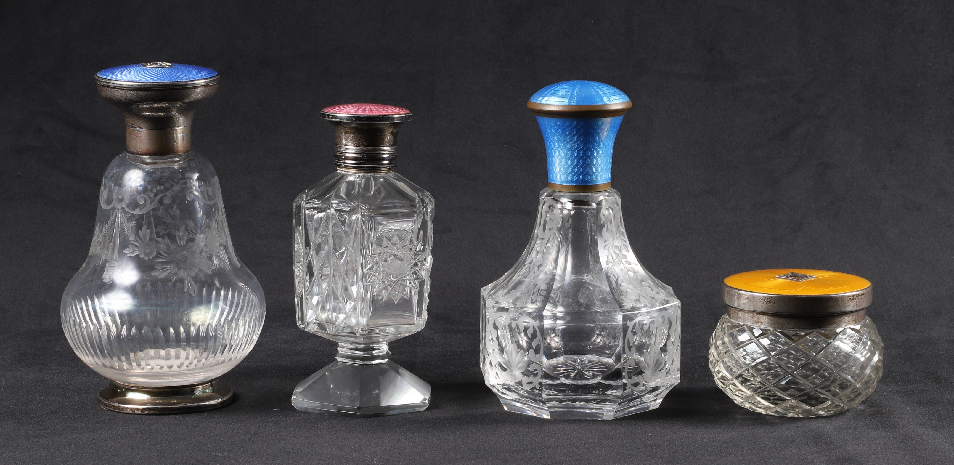 Guilloche topped scent bottles and powder