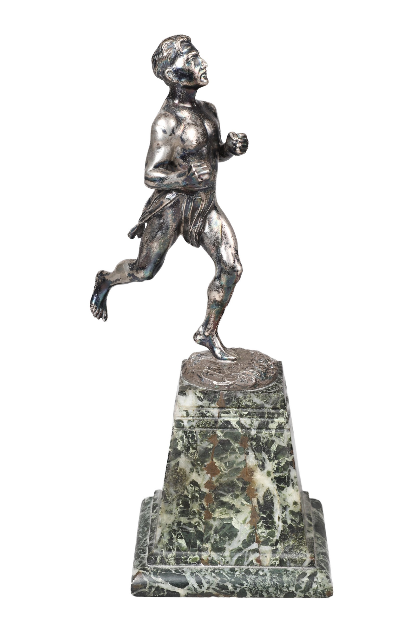 Silver statue of a Roman man, running