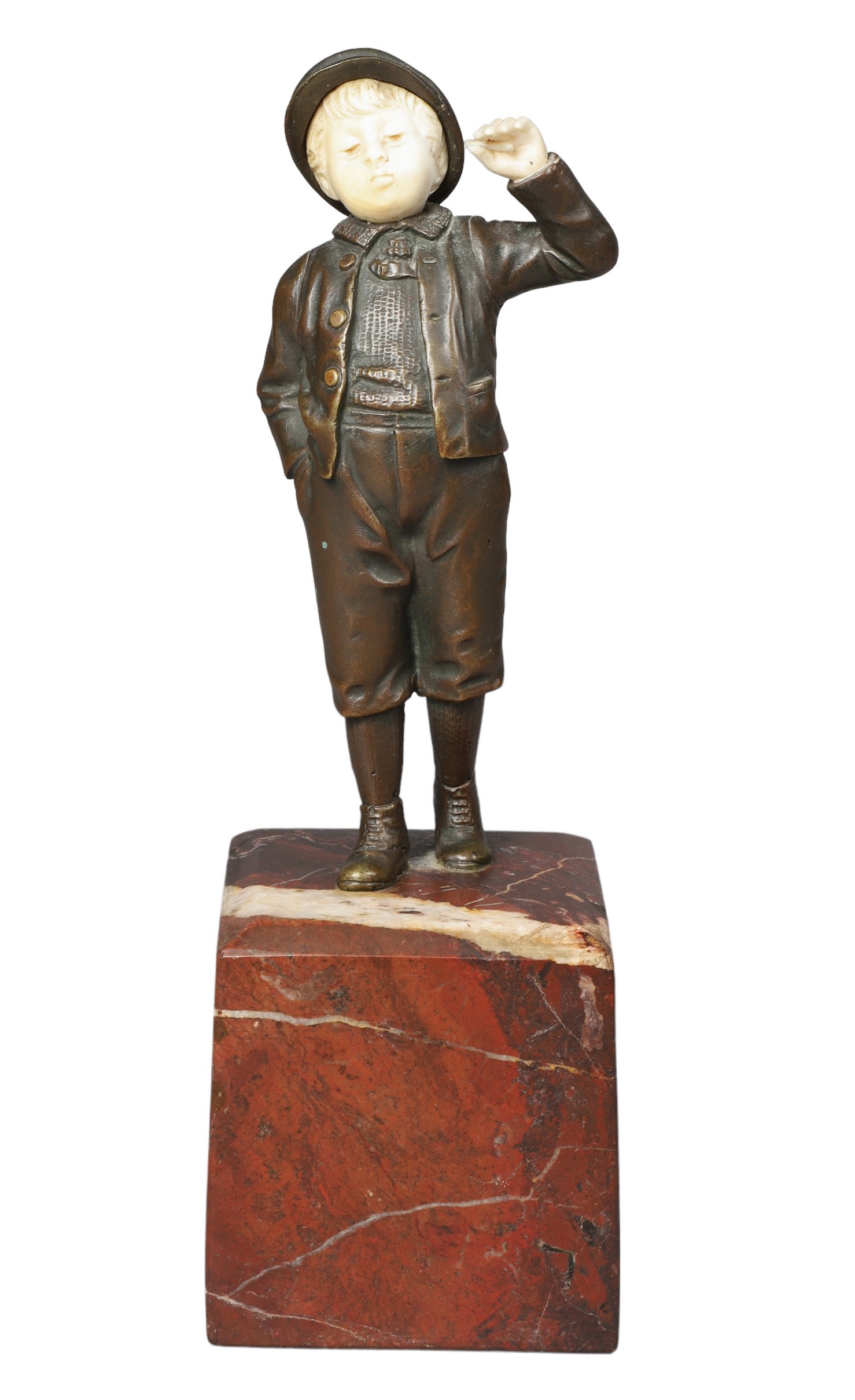 Art Deco bronze of a boy, pageboy cap,