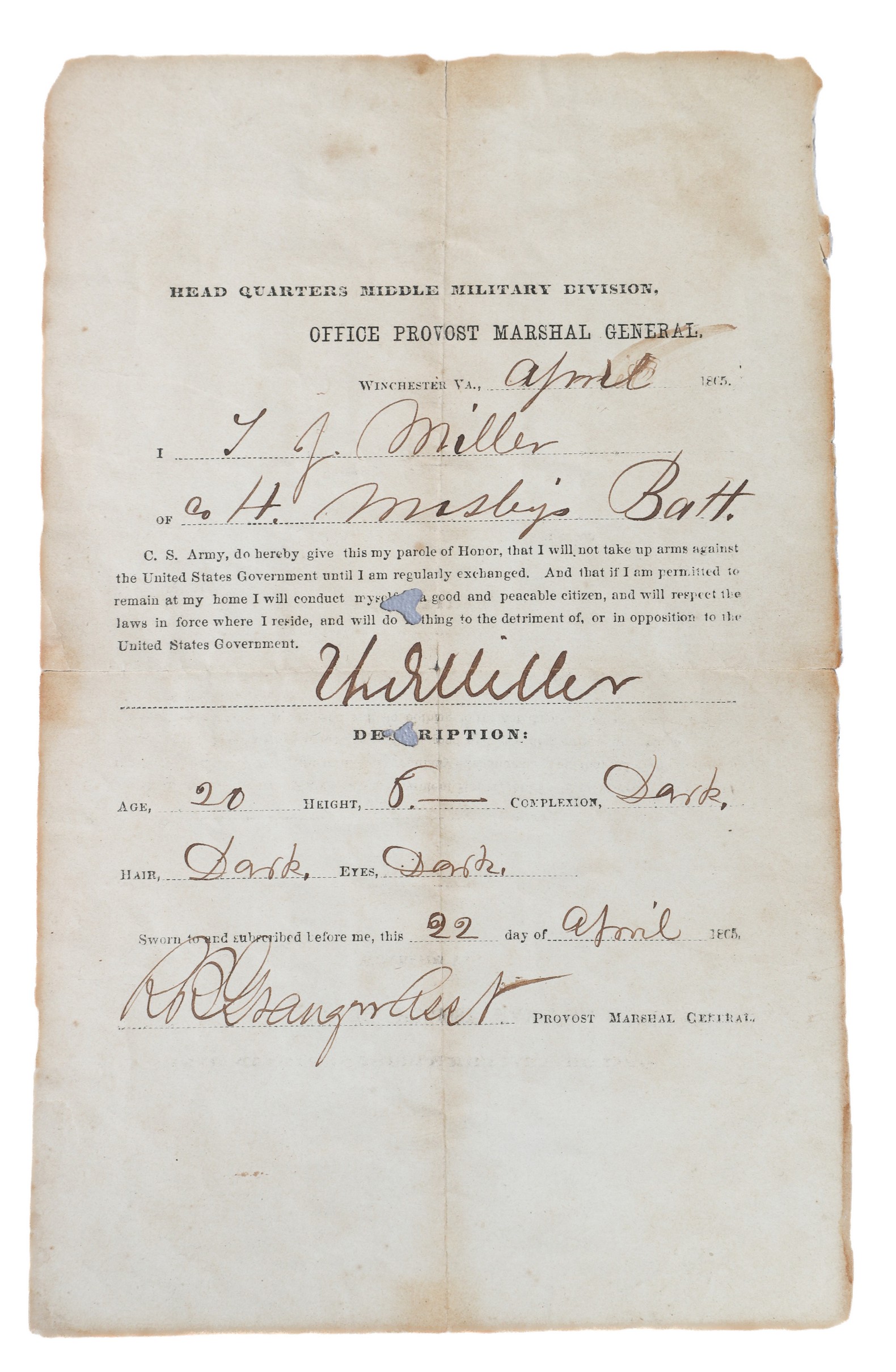 A Confederate parole document for one