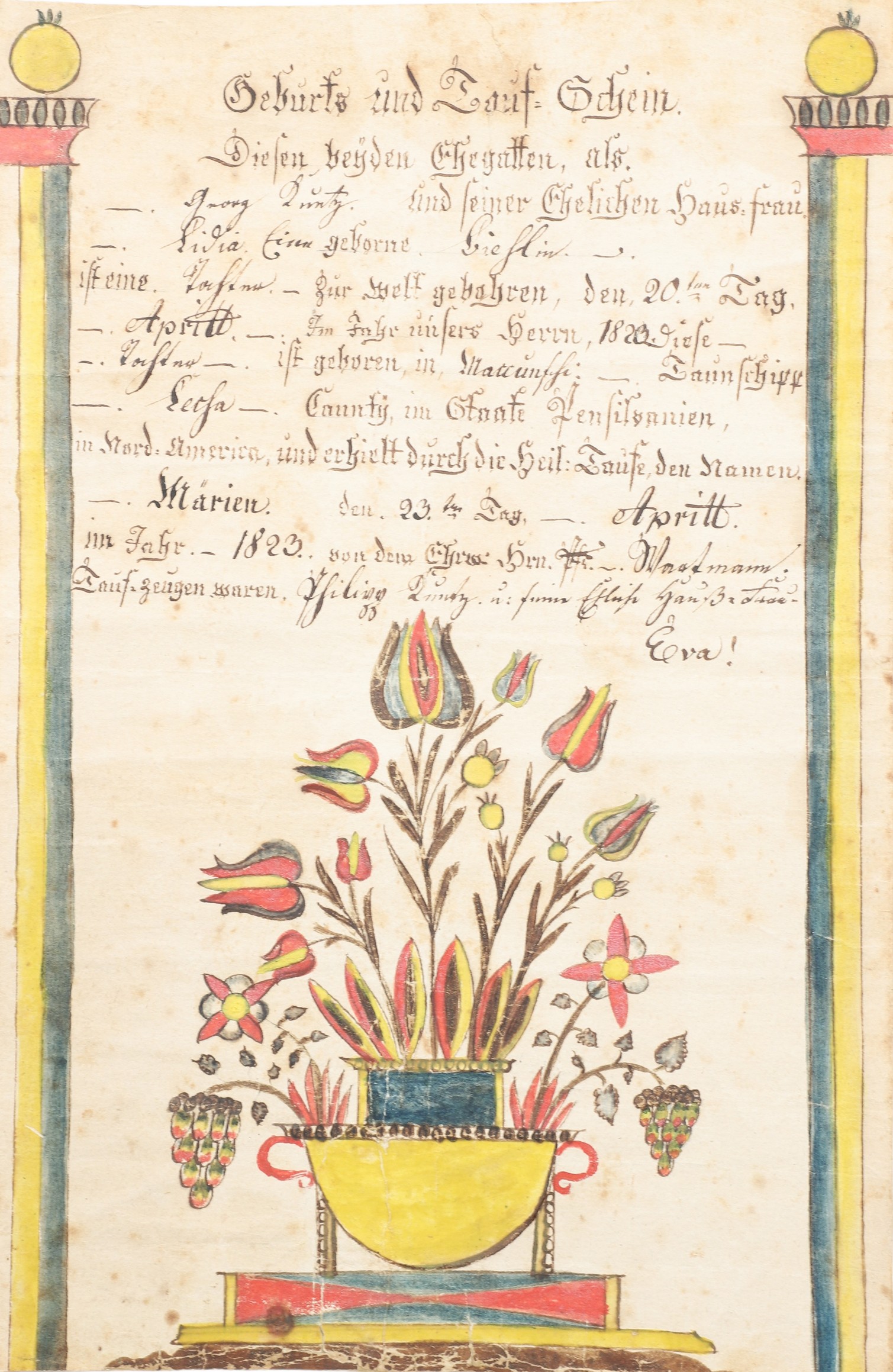 1823 PA German Tauf Schein, a watercolor