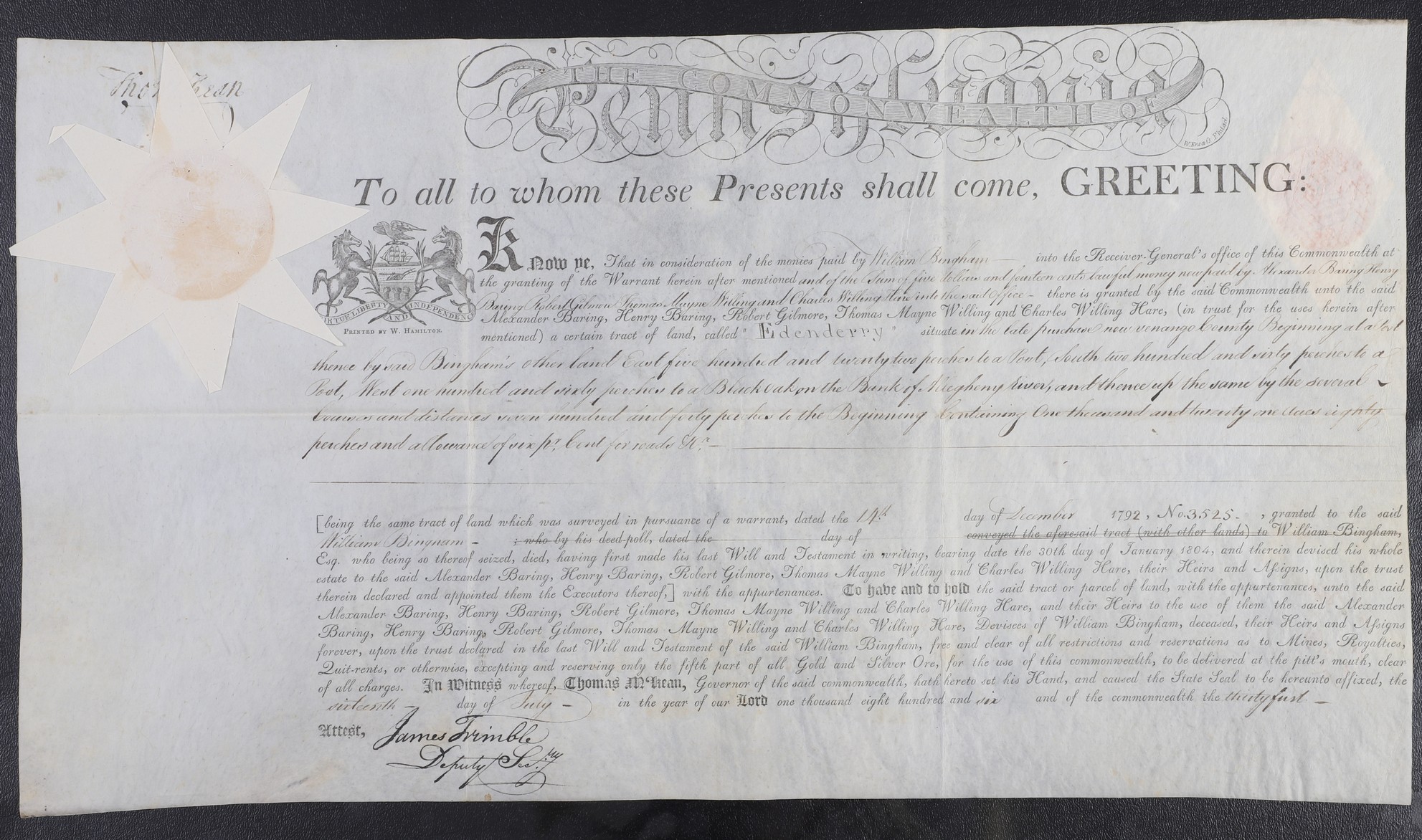 A Pennsylvania land grant on parchment 2e0eed