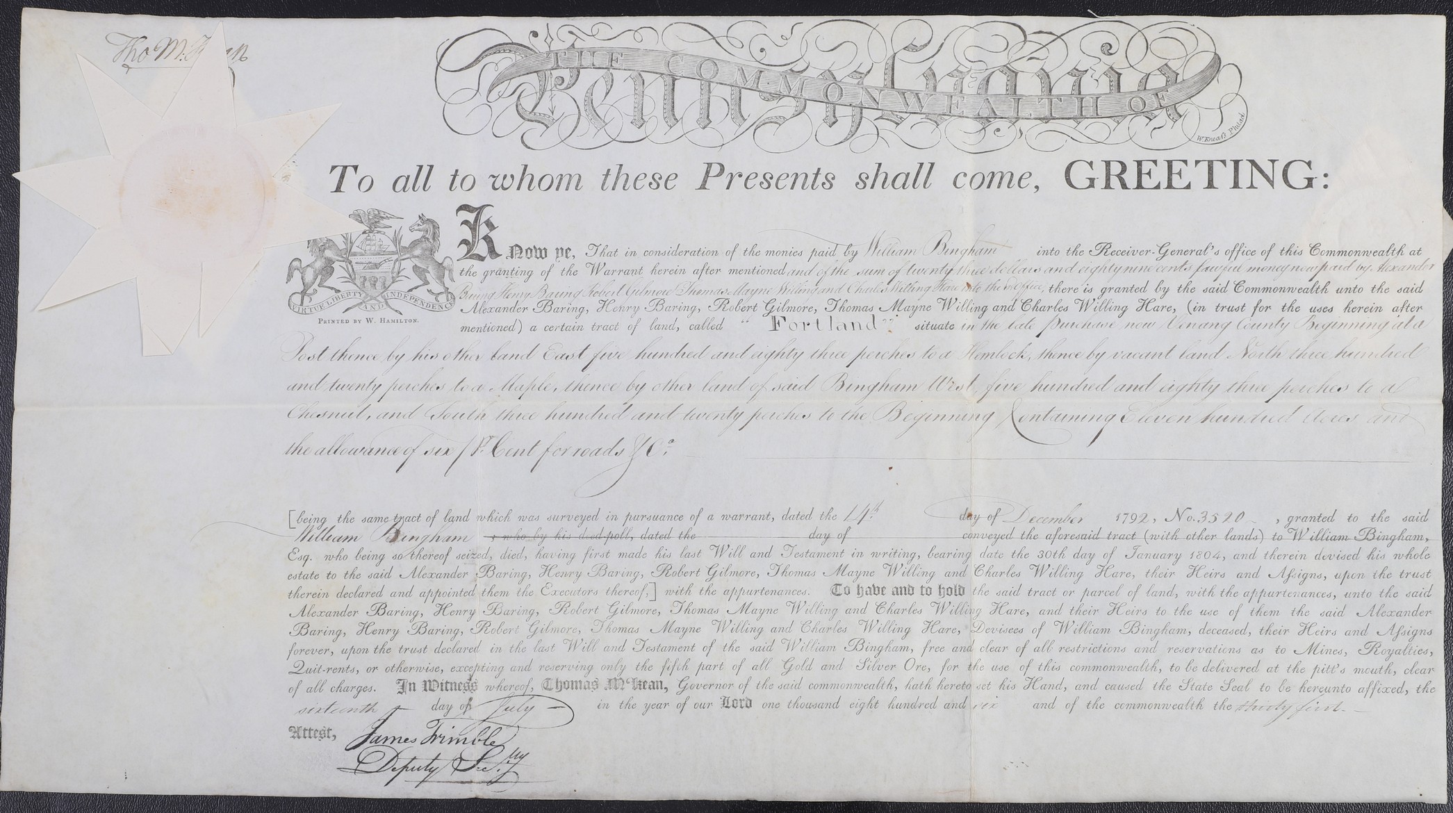 A Pennsylvania land grant on parchment 2e0eee