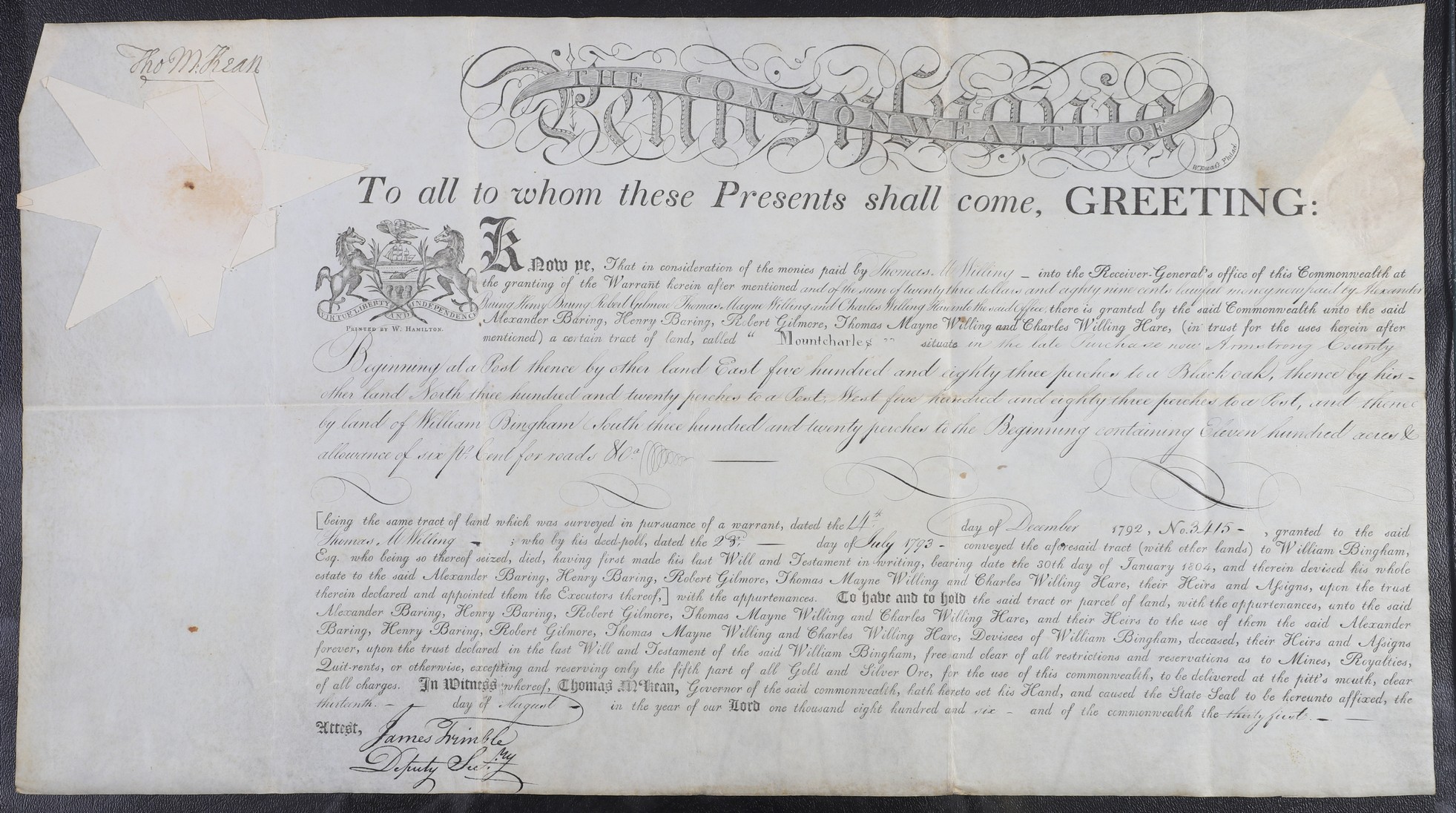 A Pennsylvania land grant on parchment 2e0ef7