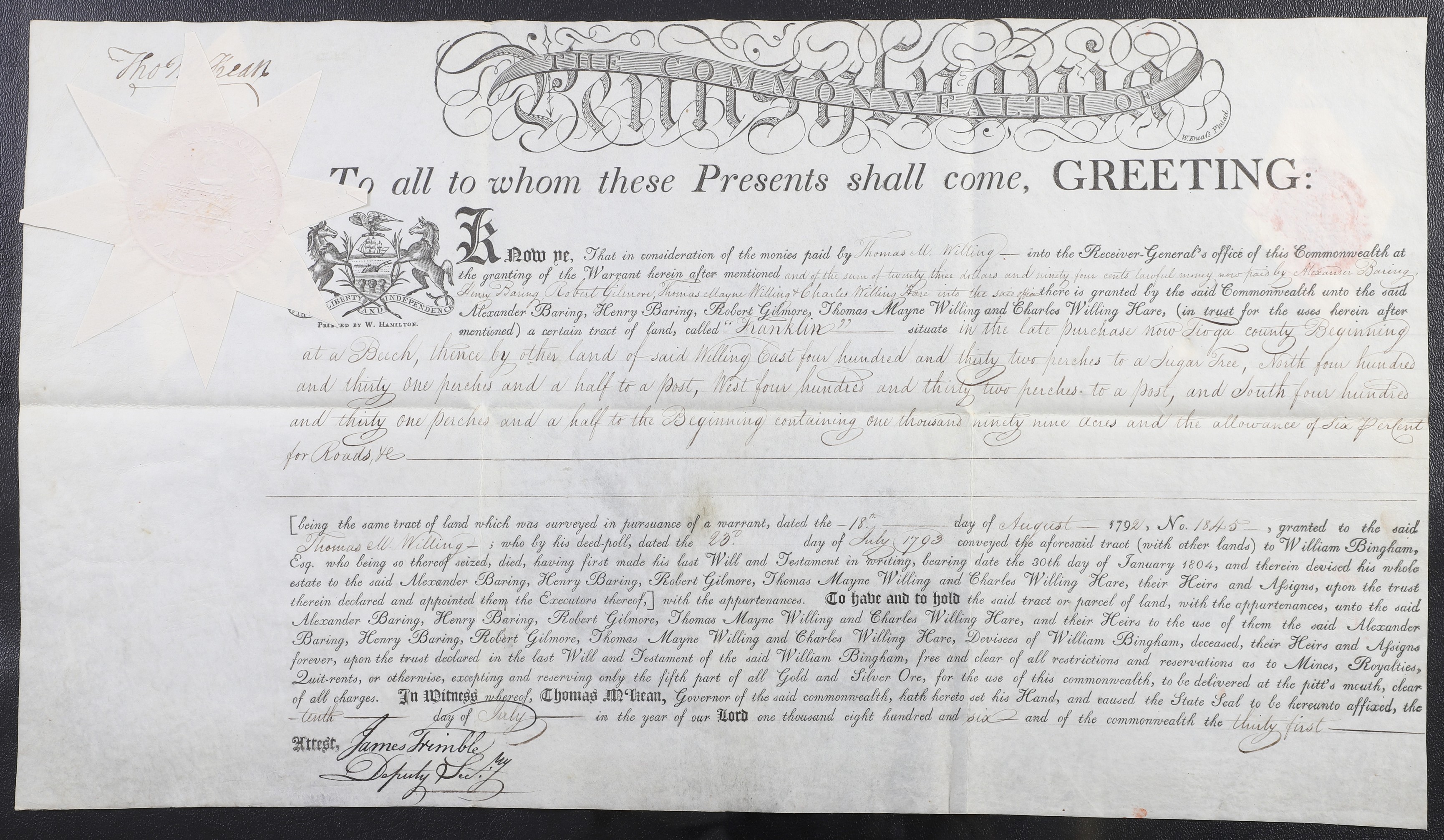 A Pennsylvania land grant on parchment 2e0ef2