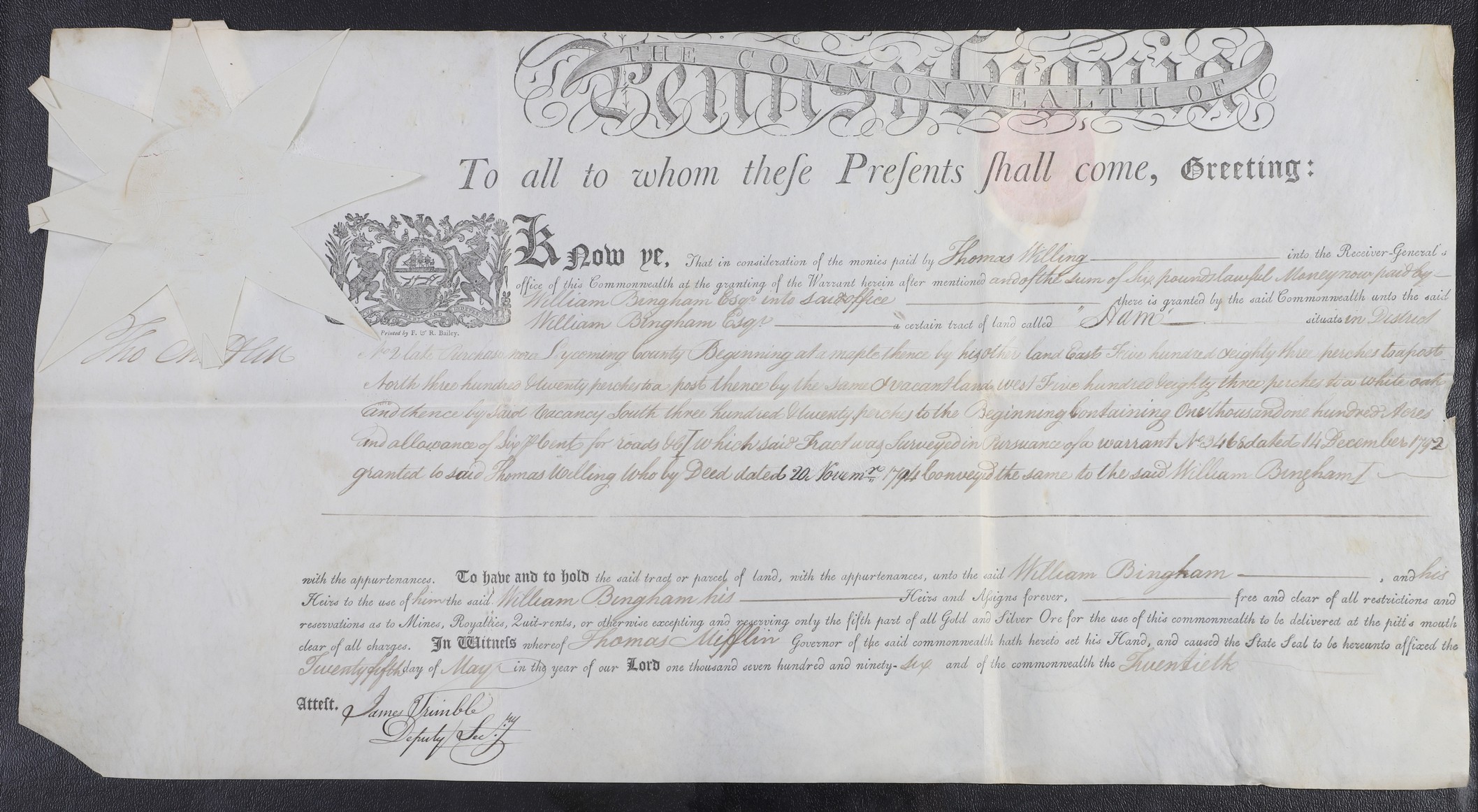 A Pennsylvania land grant on vellum