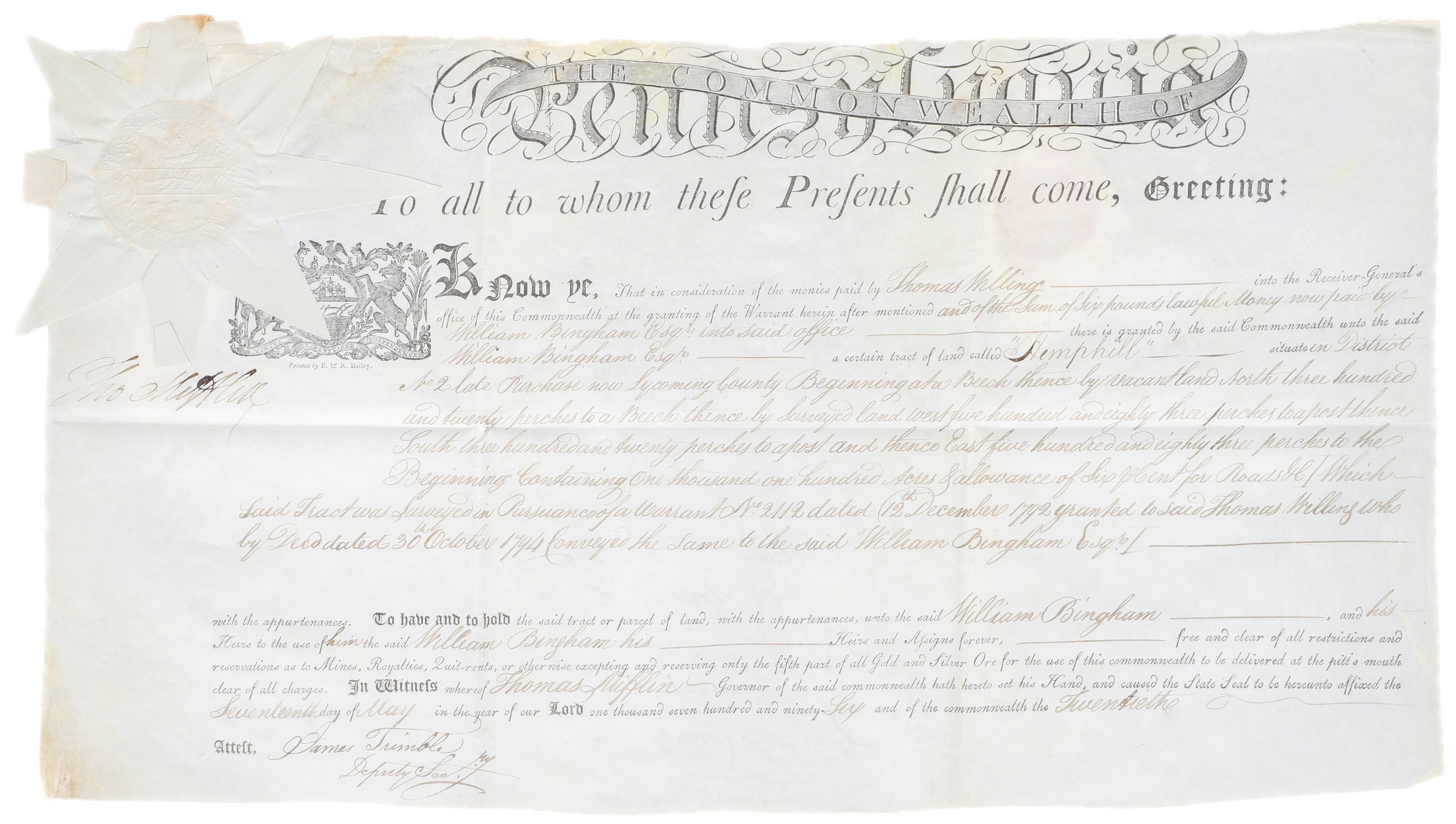 A Pennsylvania land grant on vellum 2e0eff