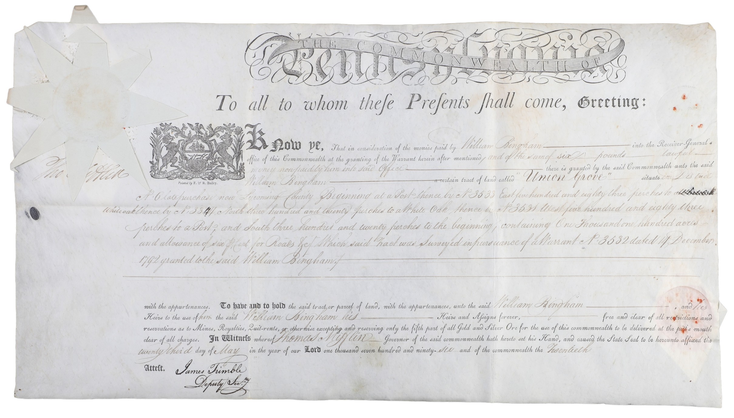 A Pennsylvania land grant on vellum 2e0f01