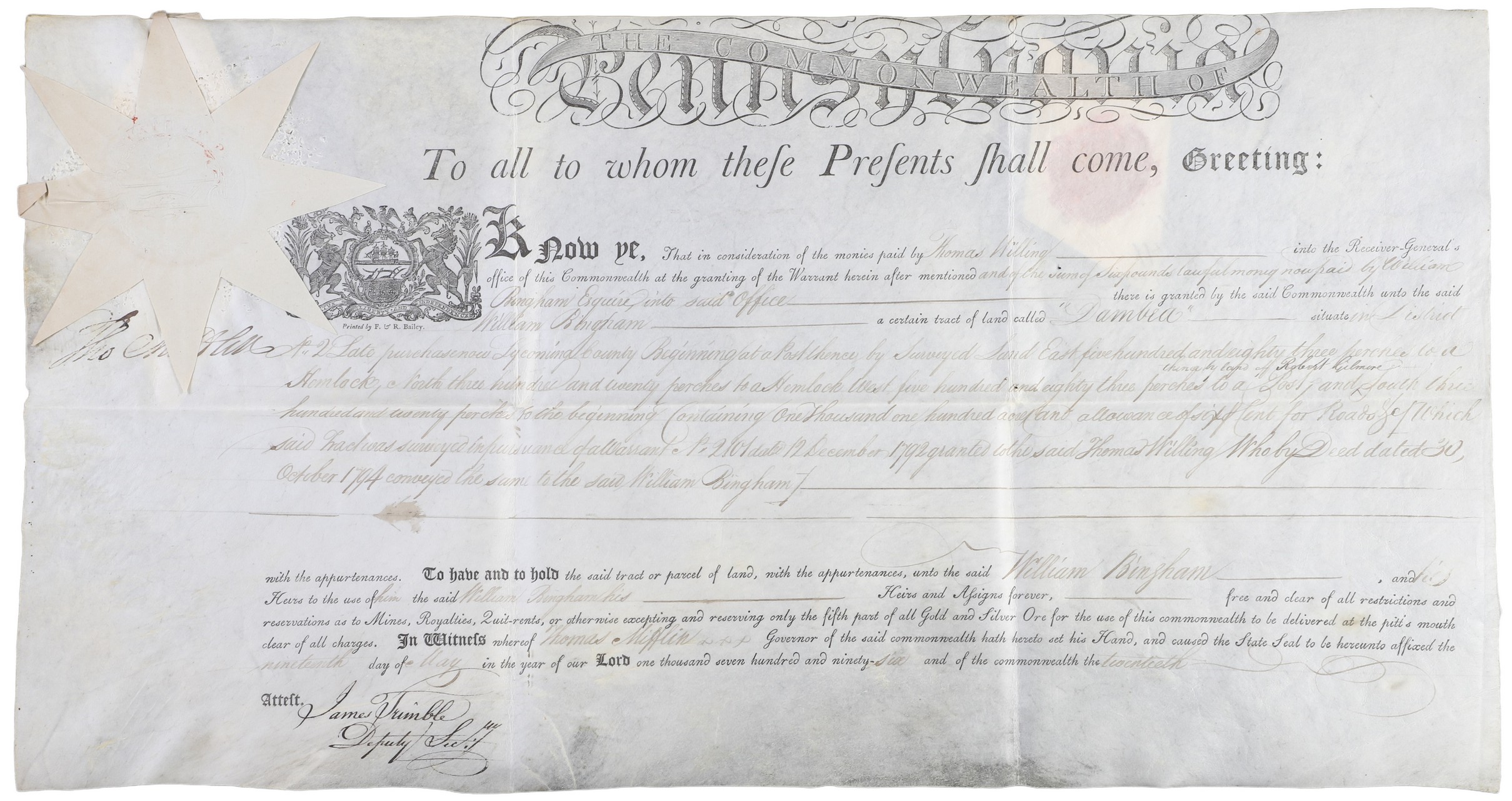 A Pennsylvania land grant on vellum