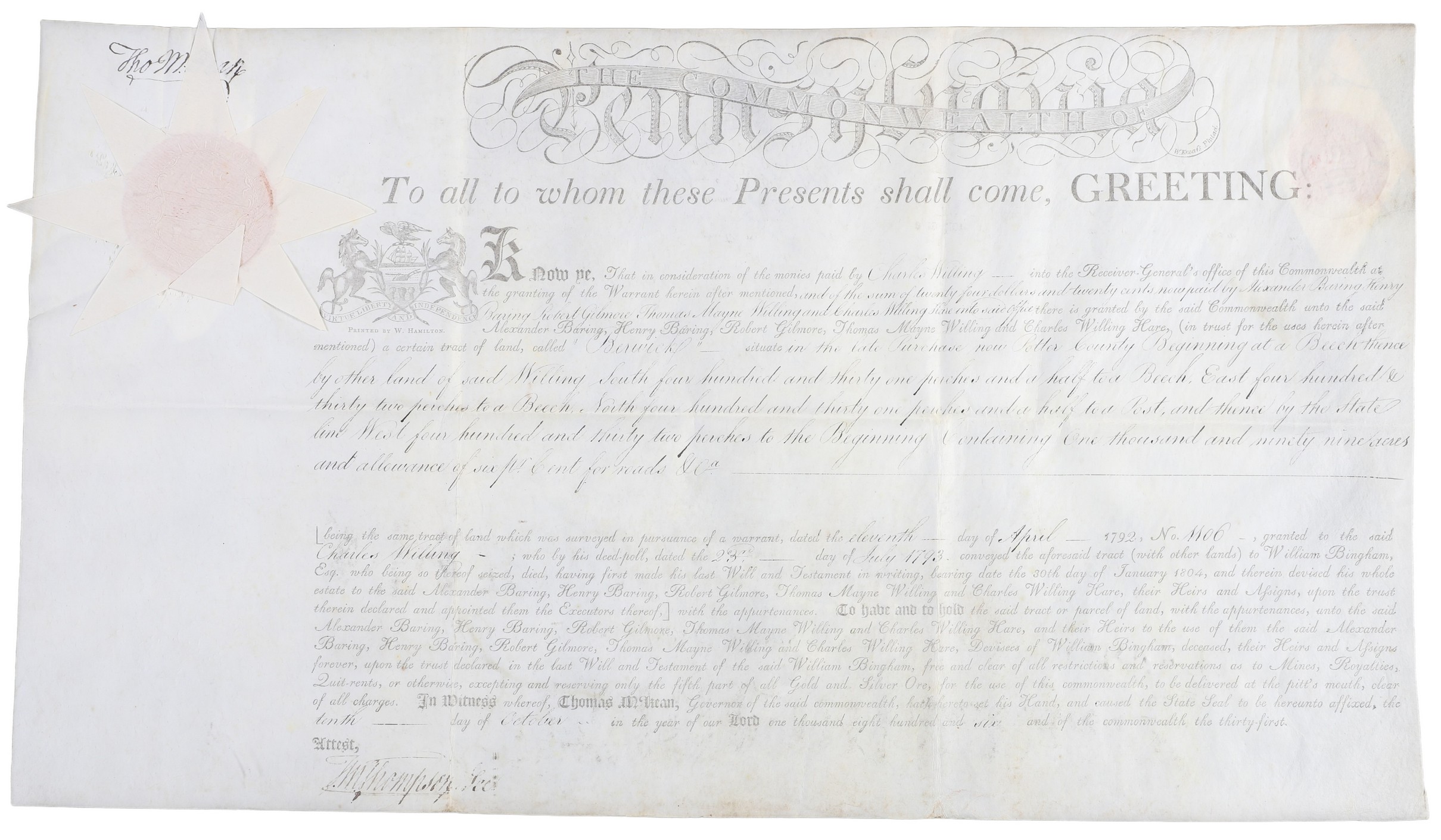 A Pennsylvania land grant on parchment