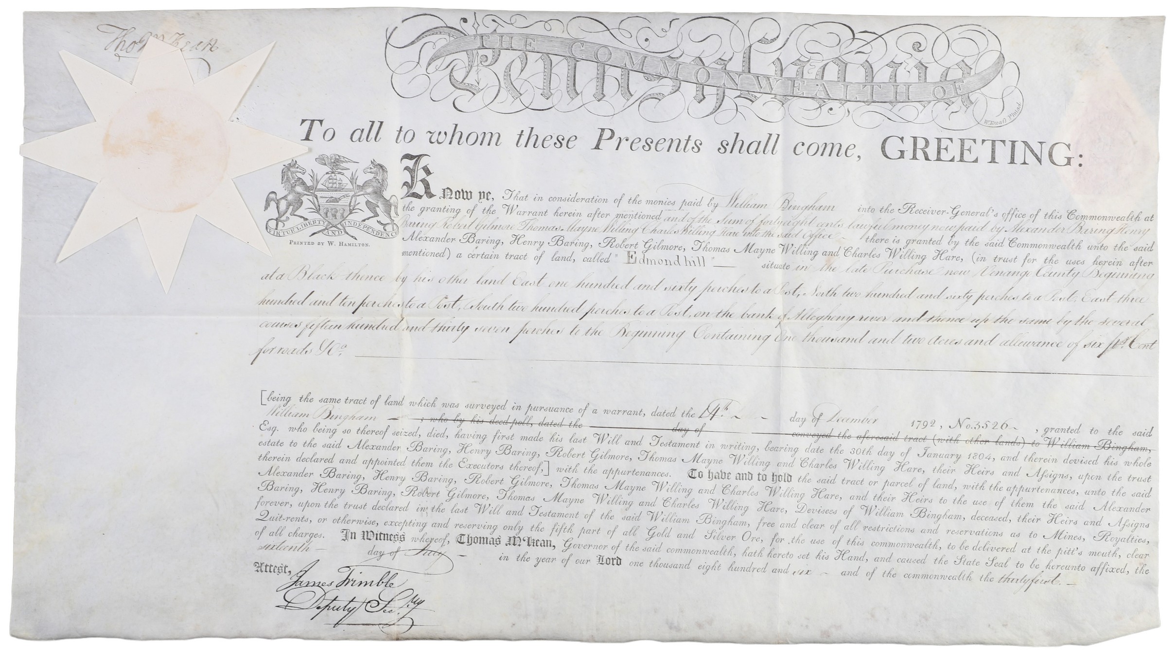 A Pennsylvania land grant on parchment