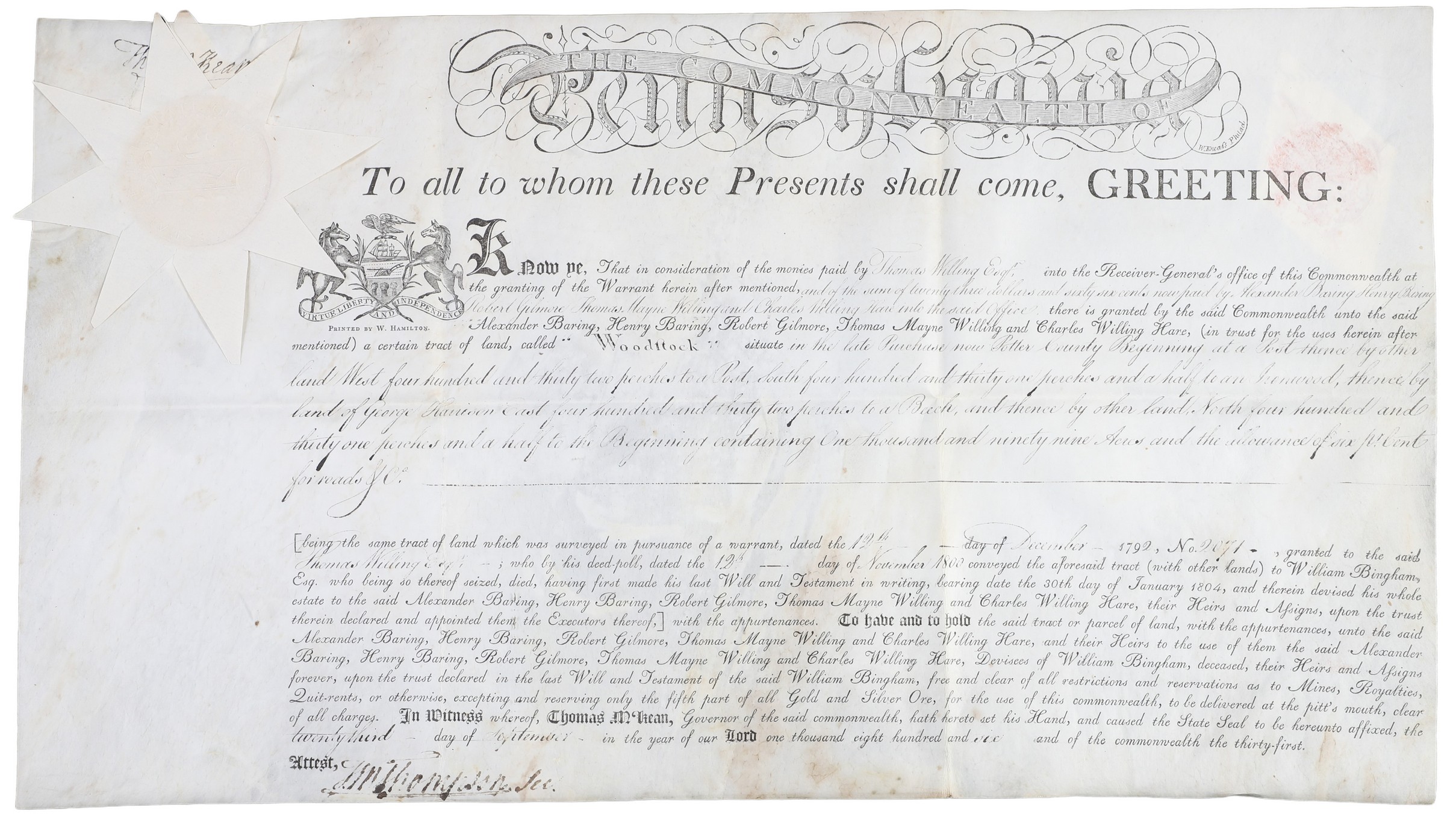 A Pennsylvania land grant on parchment