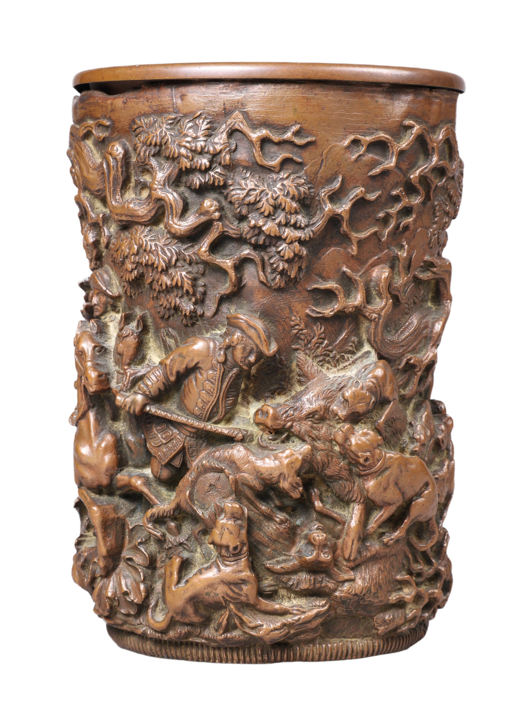 Cast bronze brush pot in boar hunt