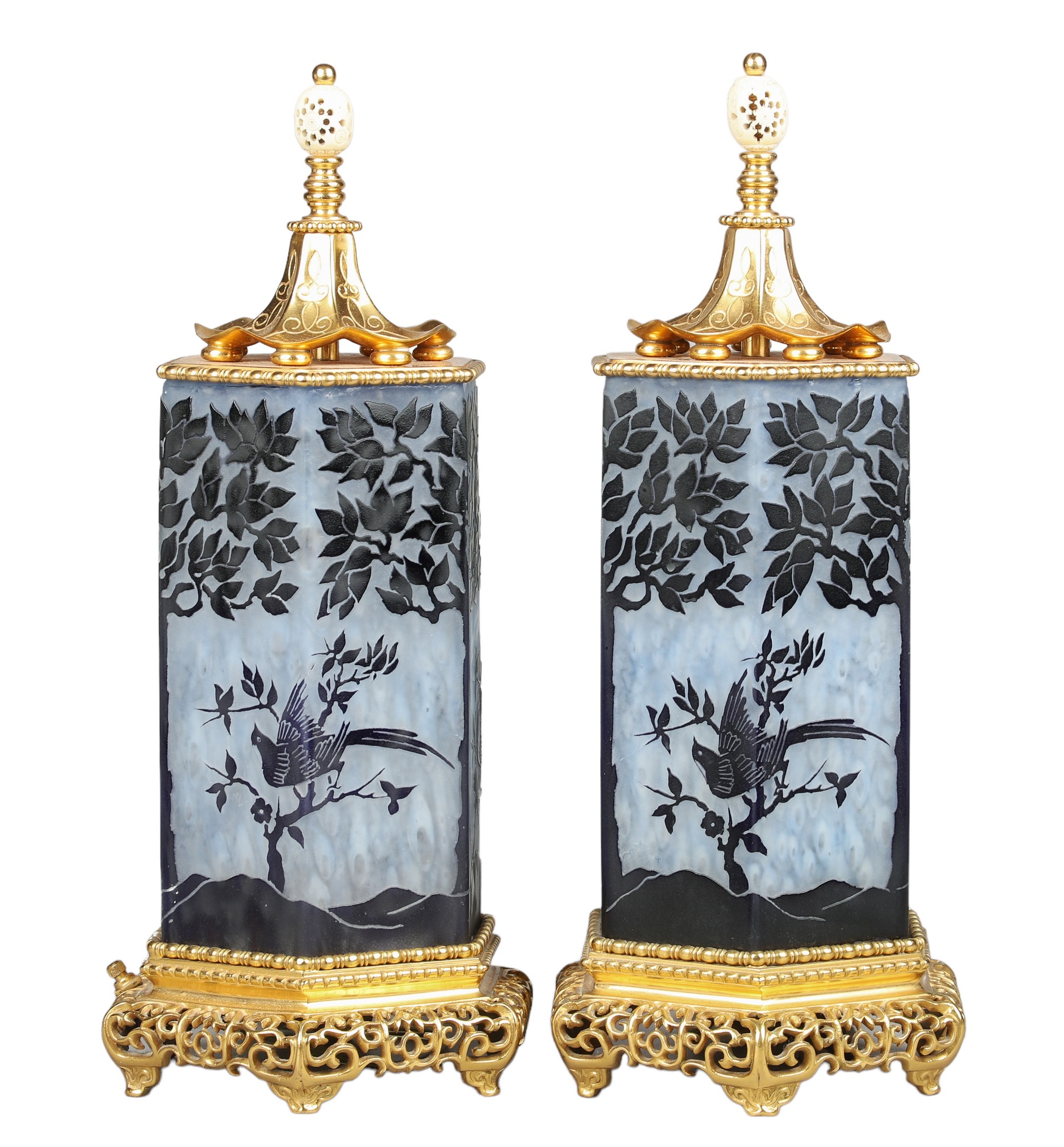 Pair of Asian style cameo glass