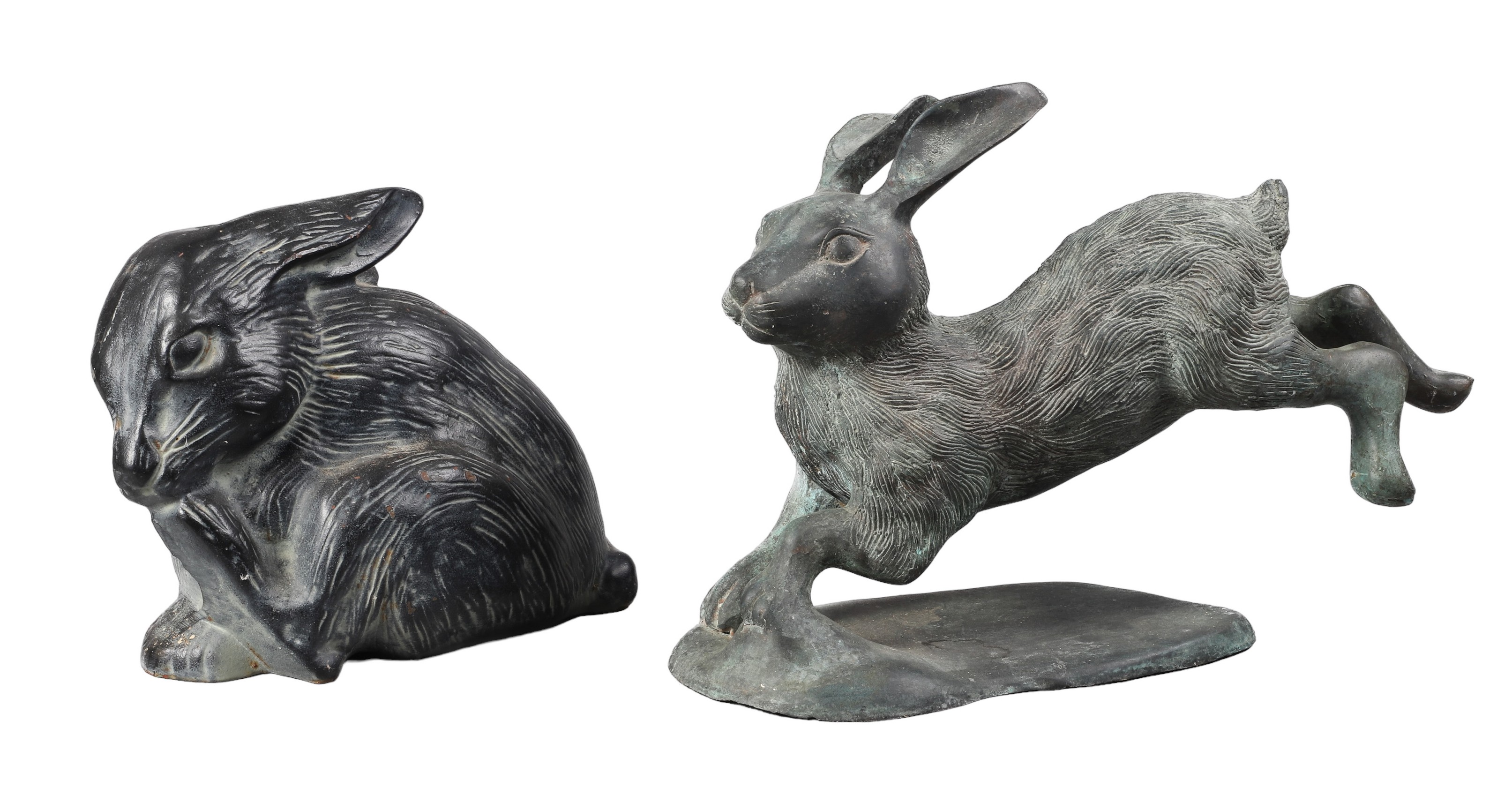 Cast iron and bronze rabbit sculptures