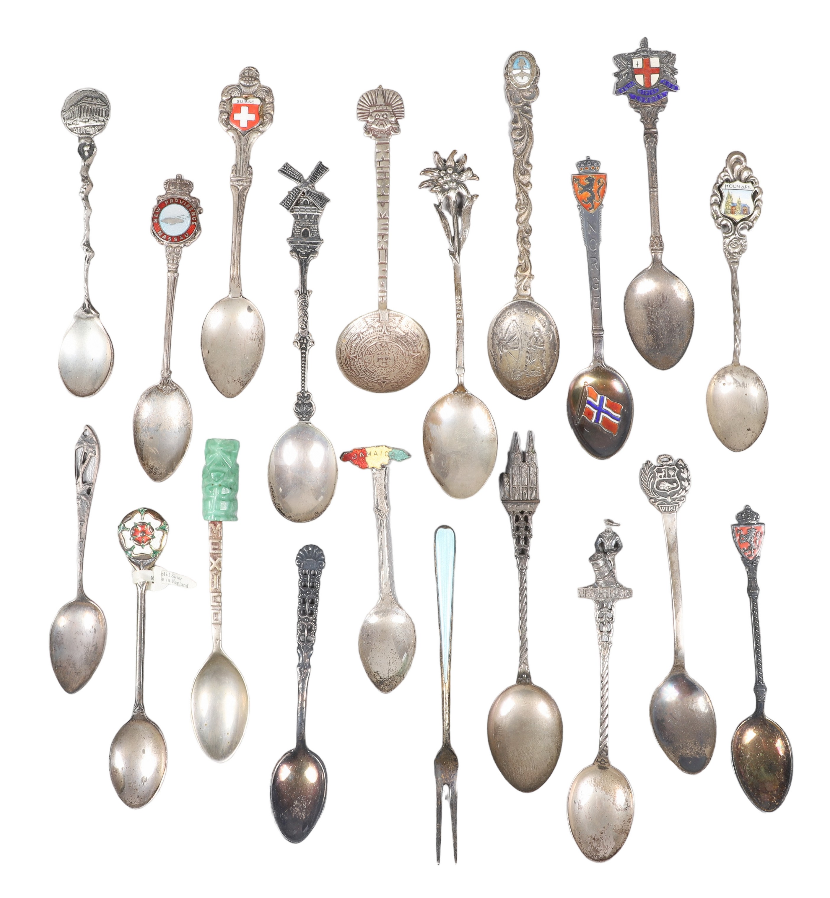 (20) Silver souvenir spoons & fork,