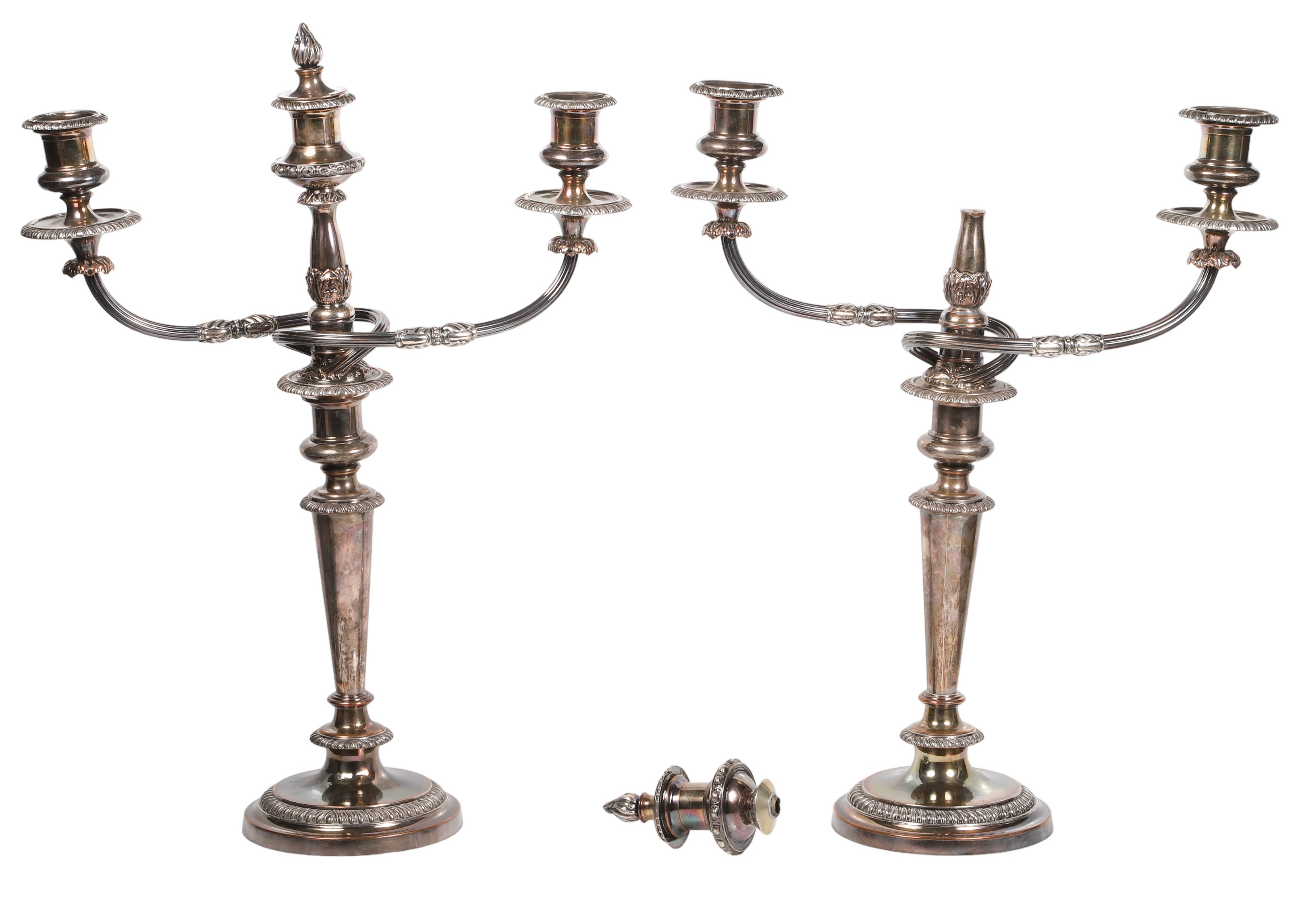 A tall pair of Sheffield plate candelabras,